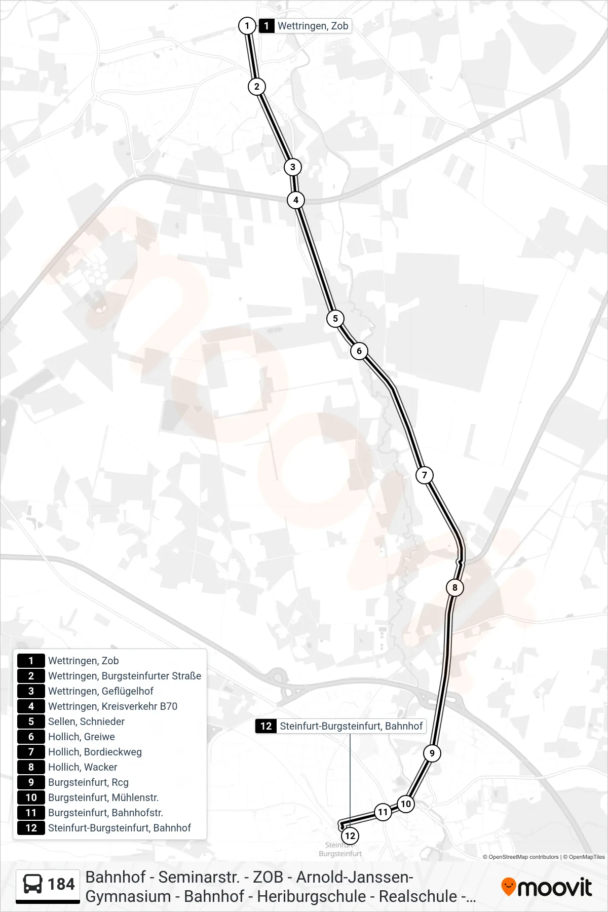 184 bus Line (Steinfurt-Burgsteinfurt, Bahnhof) route and stops on a map