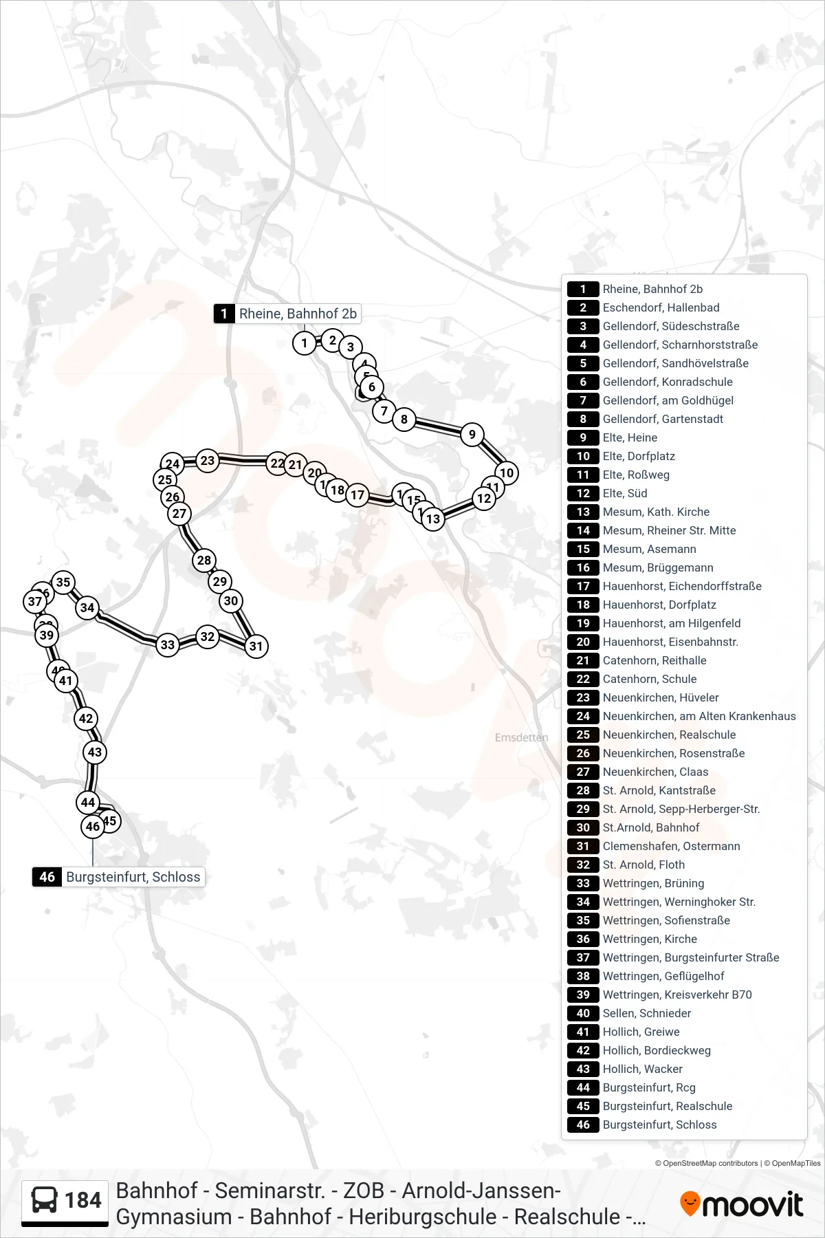 184 bus Line (Burgsteinfurt, Schloss) route and stops on a map