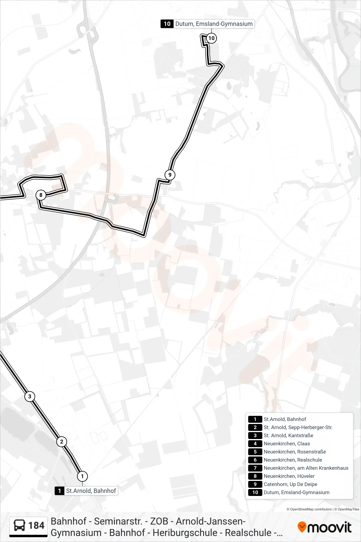 184 bus Line (Dutum, Emsland-Gymnasium) route and stops on a map