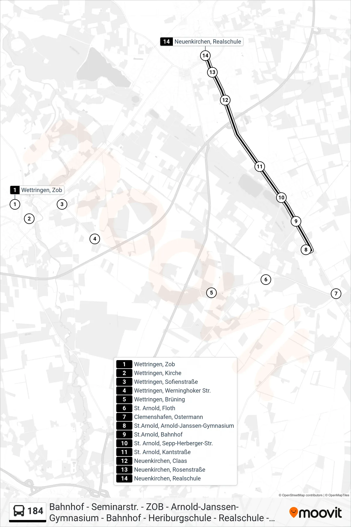 184 bus Line (Neuenkirchen, Realschule) route and stops on a map