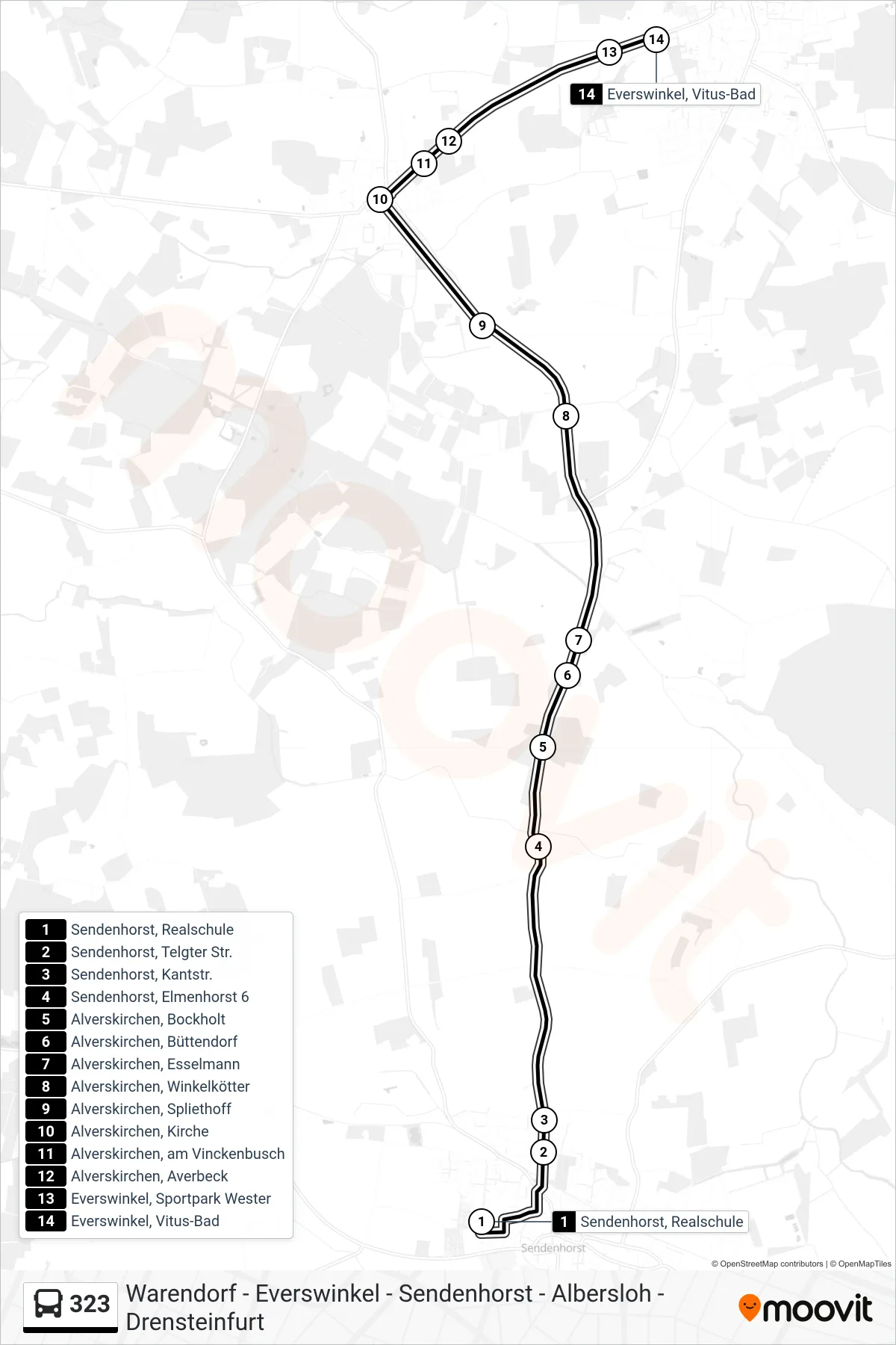 Linie 323 (Bus) Richtung Everswinkel, Vitus-Bad: Route und Haltestellen auf der Karte