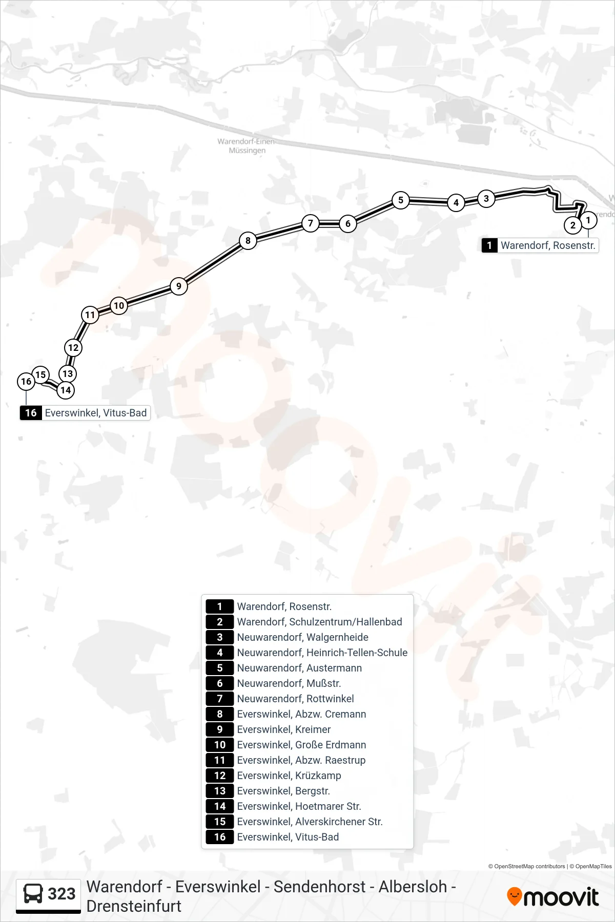 Linie 323 (Bus) Richtung Everswinkel, Vitus-Bad: Route und Haltestellen auf der Karte