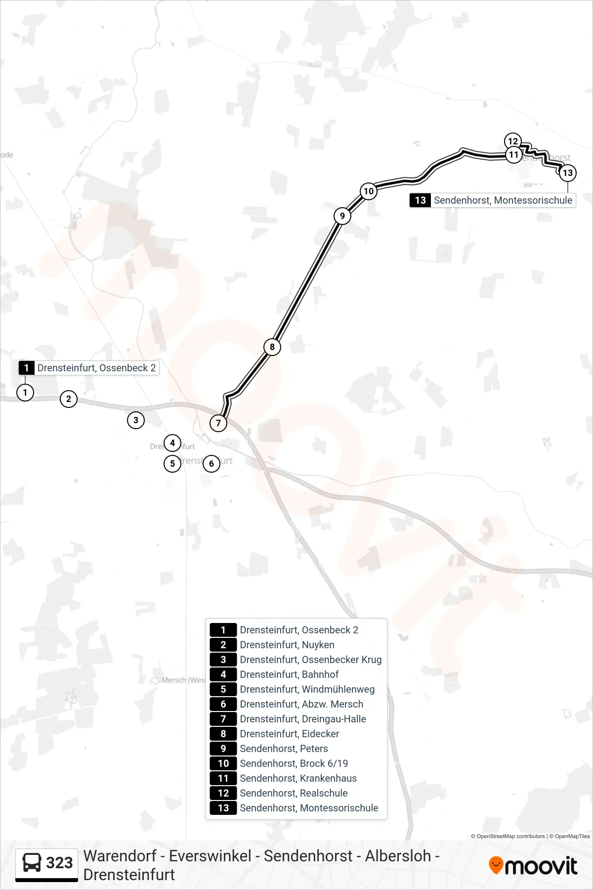 Linie 323 (Bus) Richtung Sendenhorst, Montessorischule: Route und Haltestellen auf der Karte