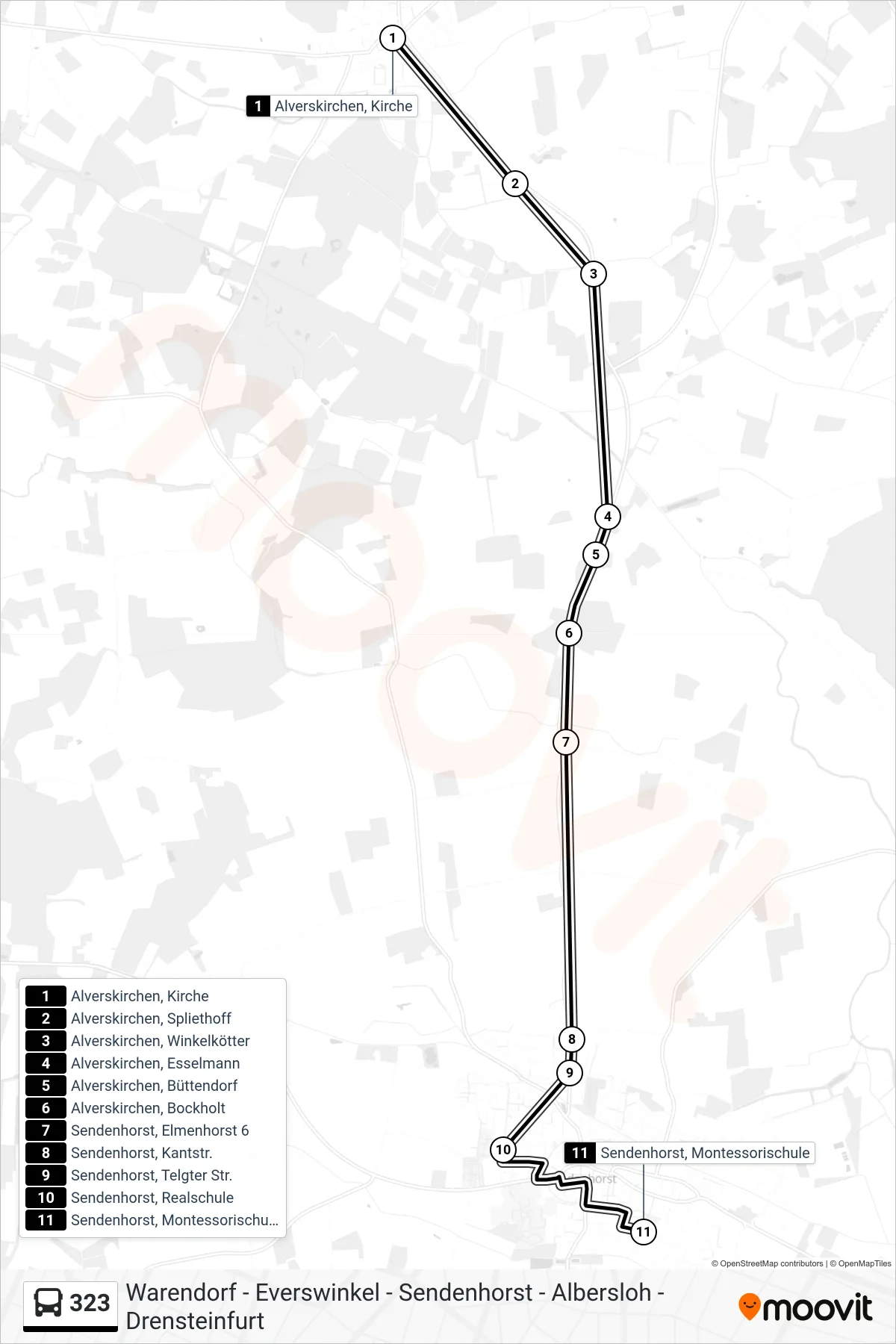 Linie 323 (Bus) Richtung Sendenhorst, Montessorischule: Route und Haltestellen auf der Karte