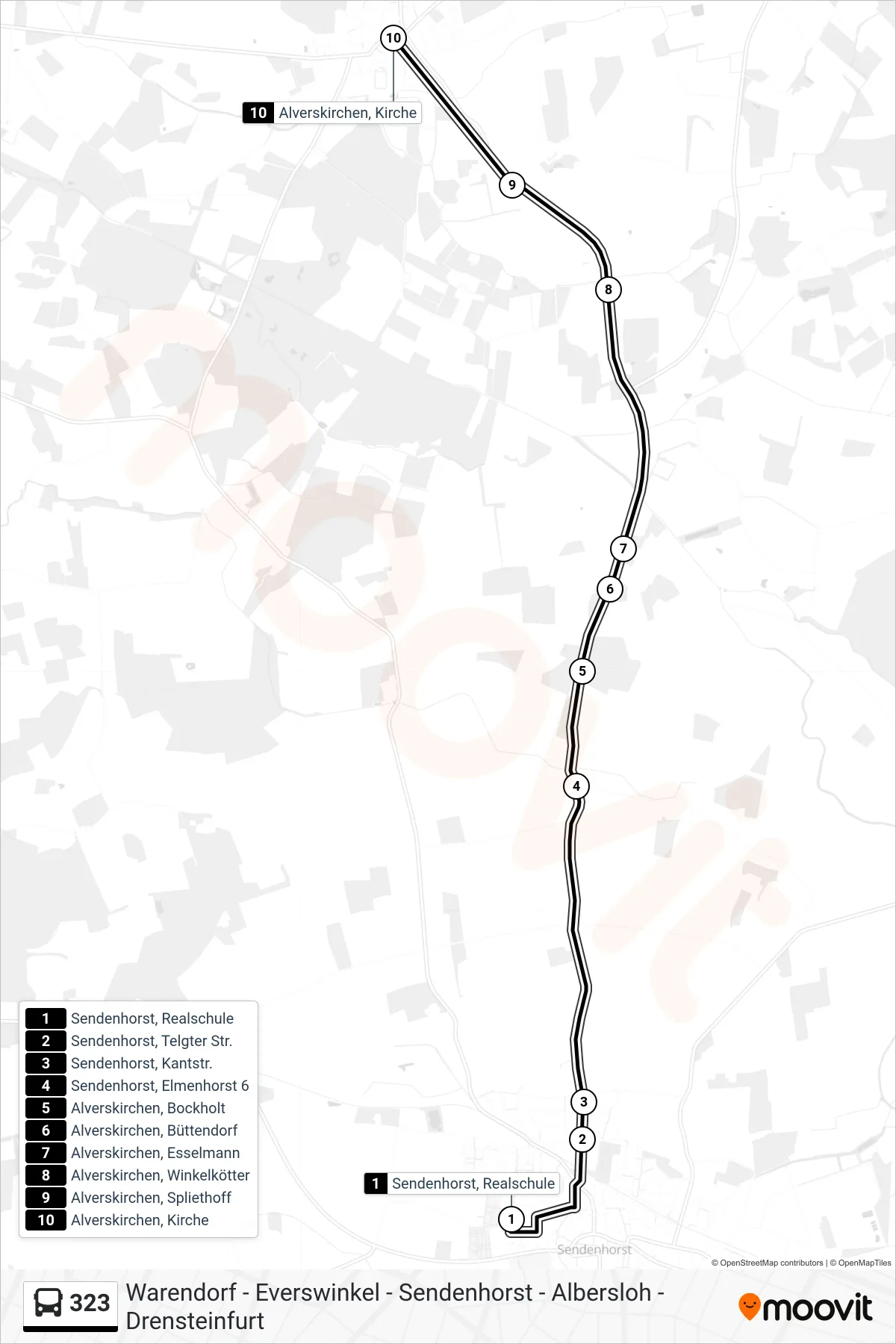 Linie 323 (Bus) Richtung Alverskirchen, Kirche: Route und Haltestellen auf der Karte