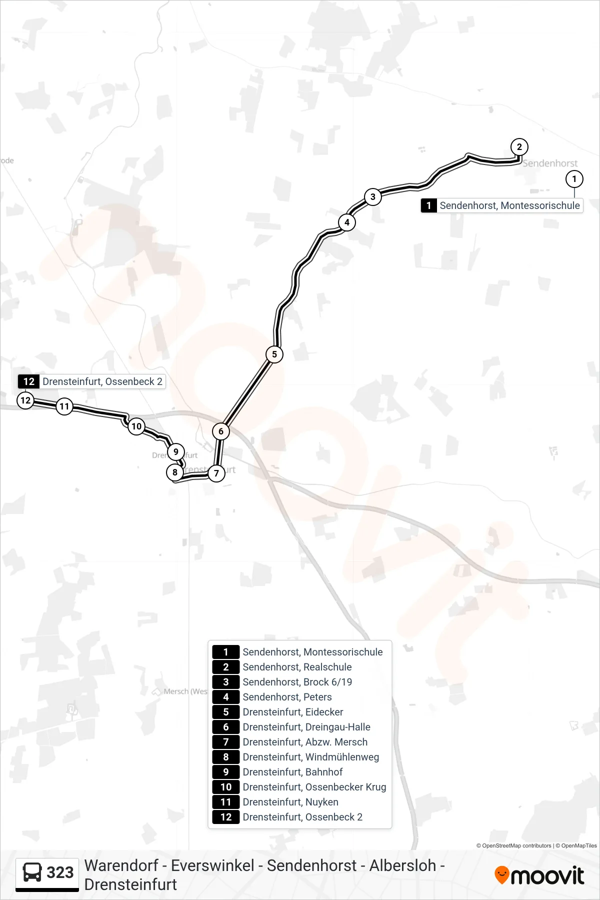 Linie 323 (Bus) Richtung Drensteinfurt, Ossenbeck 2: Route und Haltestellen auf der Karte