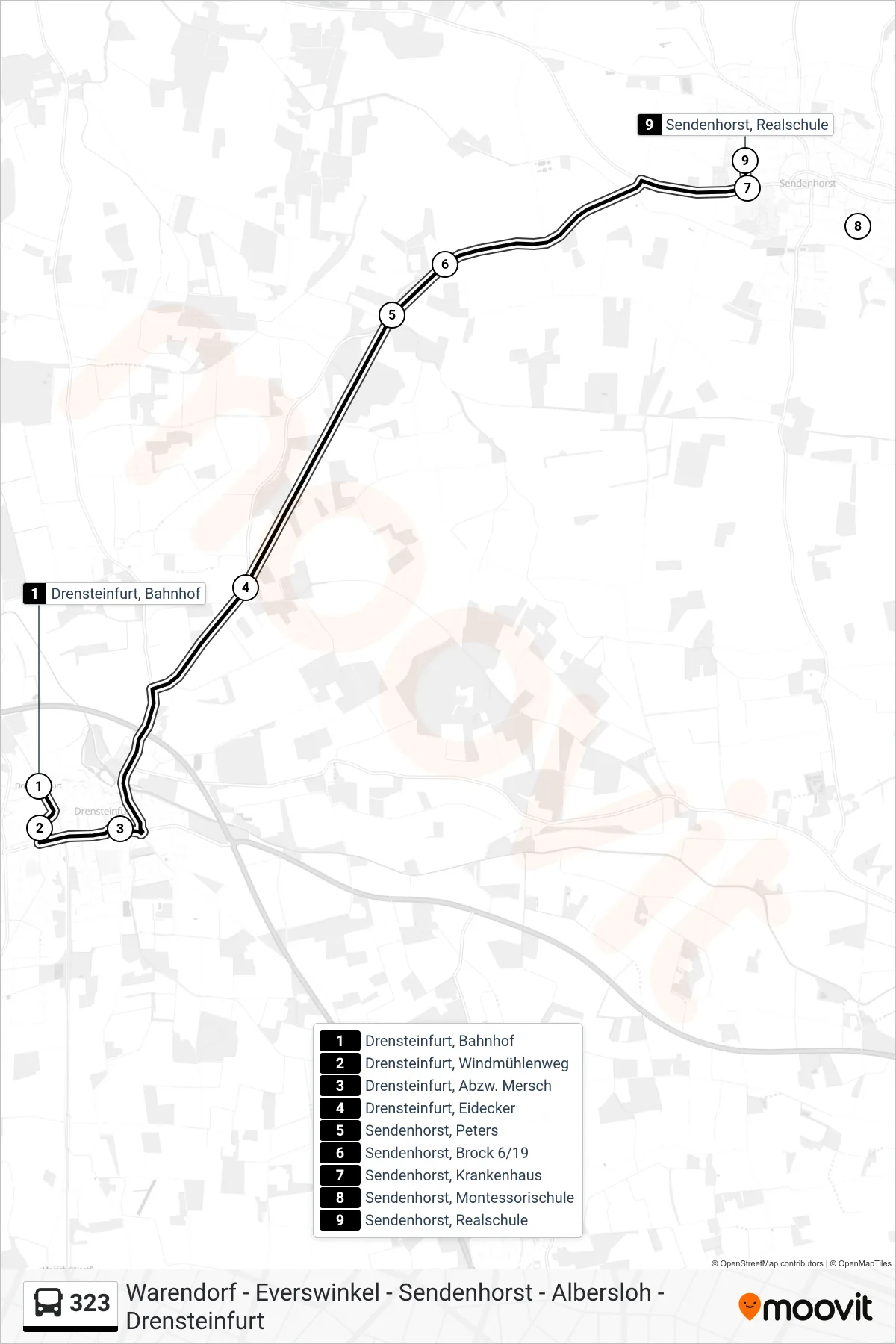 Linie 323 (Bus) Richtung Sendenhorst, Realschule Bstg D: Route und Haltestellen auf der Karte
