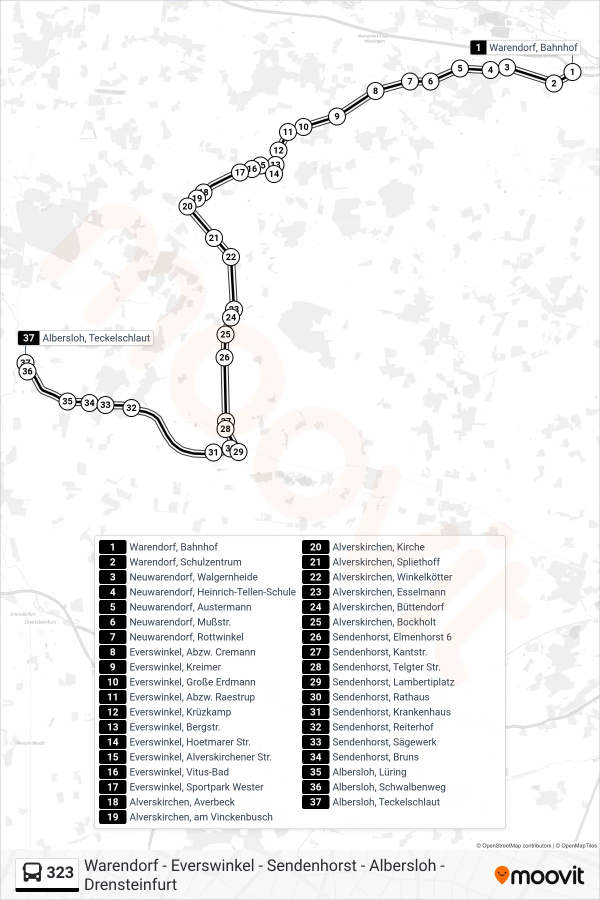 Linie 323 (Bus) Richtung Albersloh, Teckelschlaut: Route und Haltestellen auf der Karte