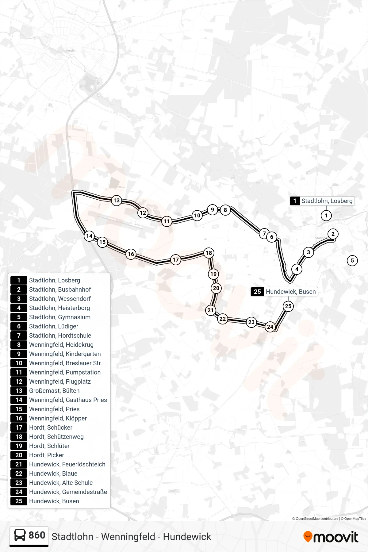 860 bus Line (Hundewick, Busen) route and stops on a map