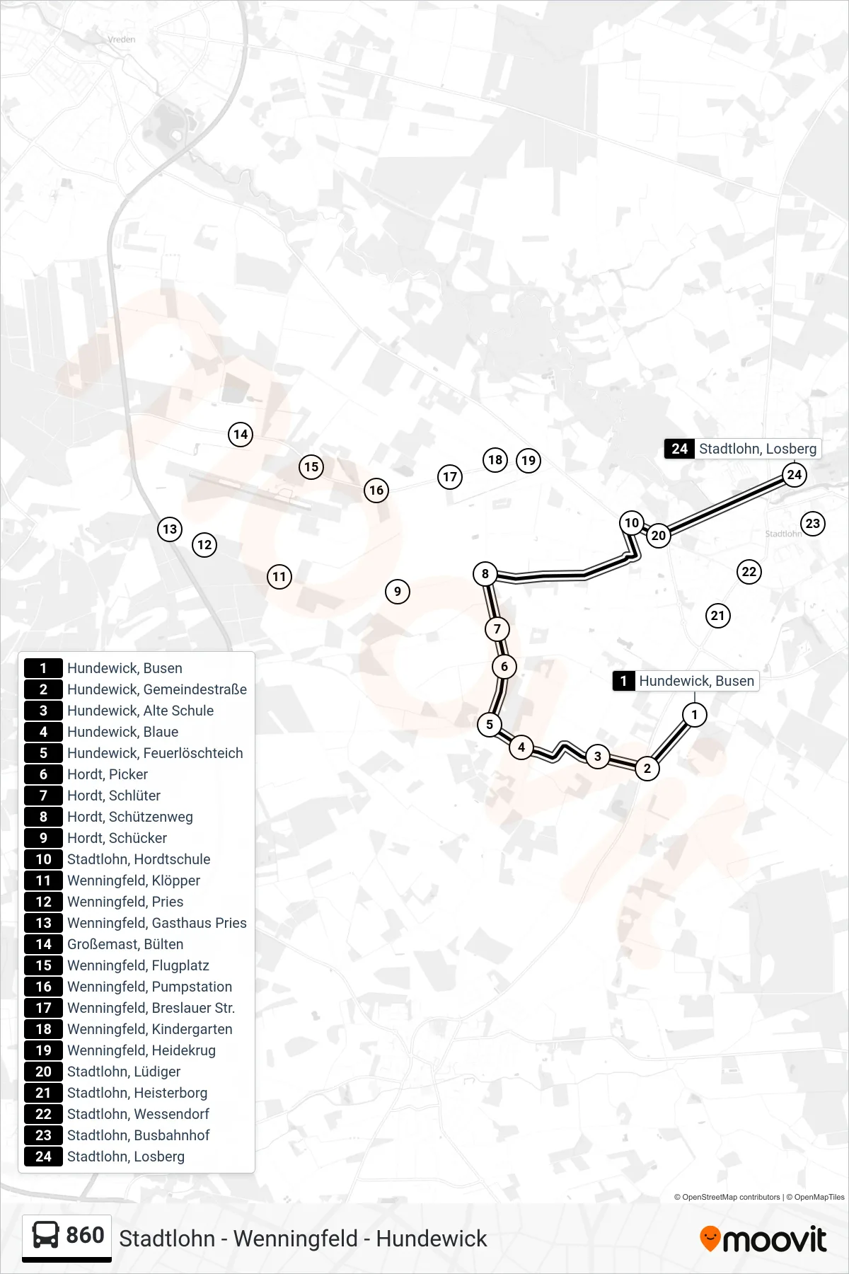 860 bus Line (Stadtlohn, Losberg) route and stops on a map