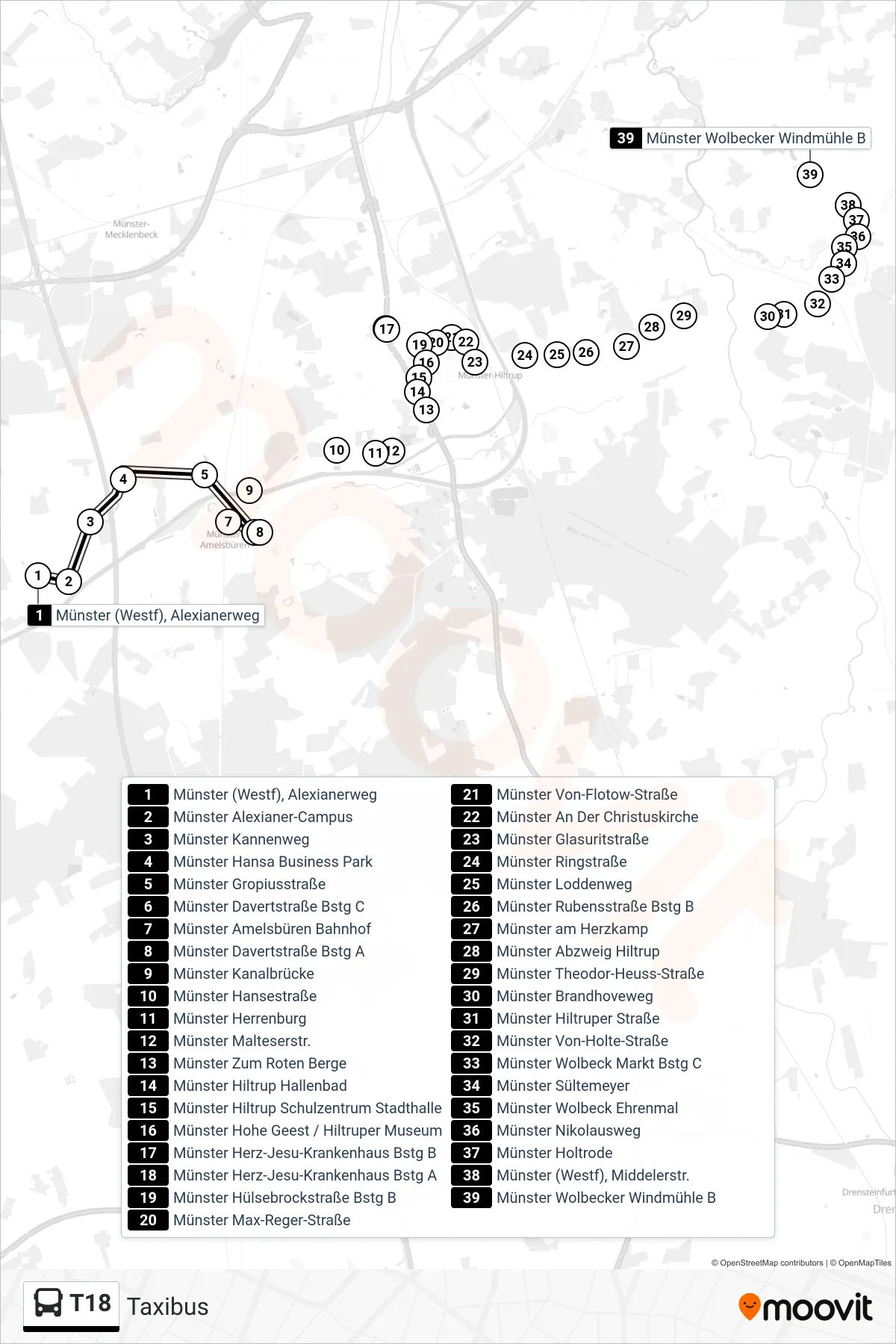 T18 bus Line (Taxibus) route and stops on a map