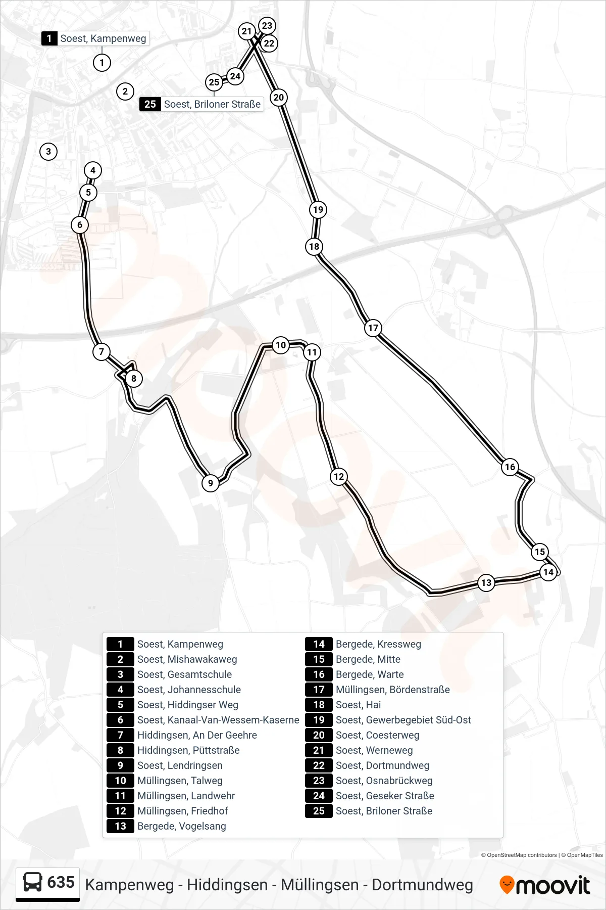 Linie 635 (Bus) Richtung Soest, Briloner Straße: Route und Haltestellen auf der Karte