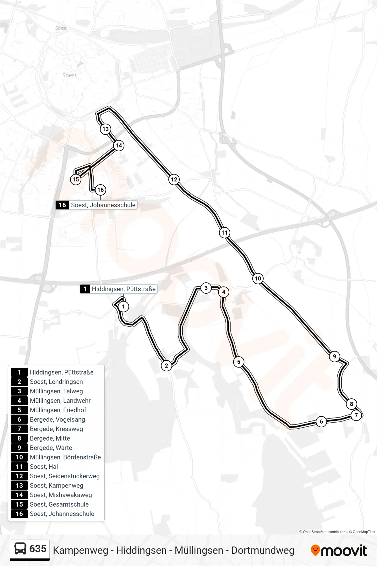635 bus Line (Soest, Johannesschule) route and stops on a map