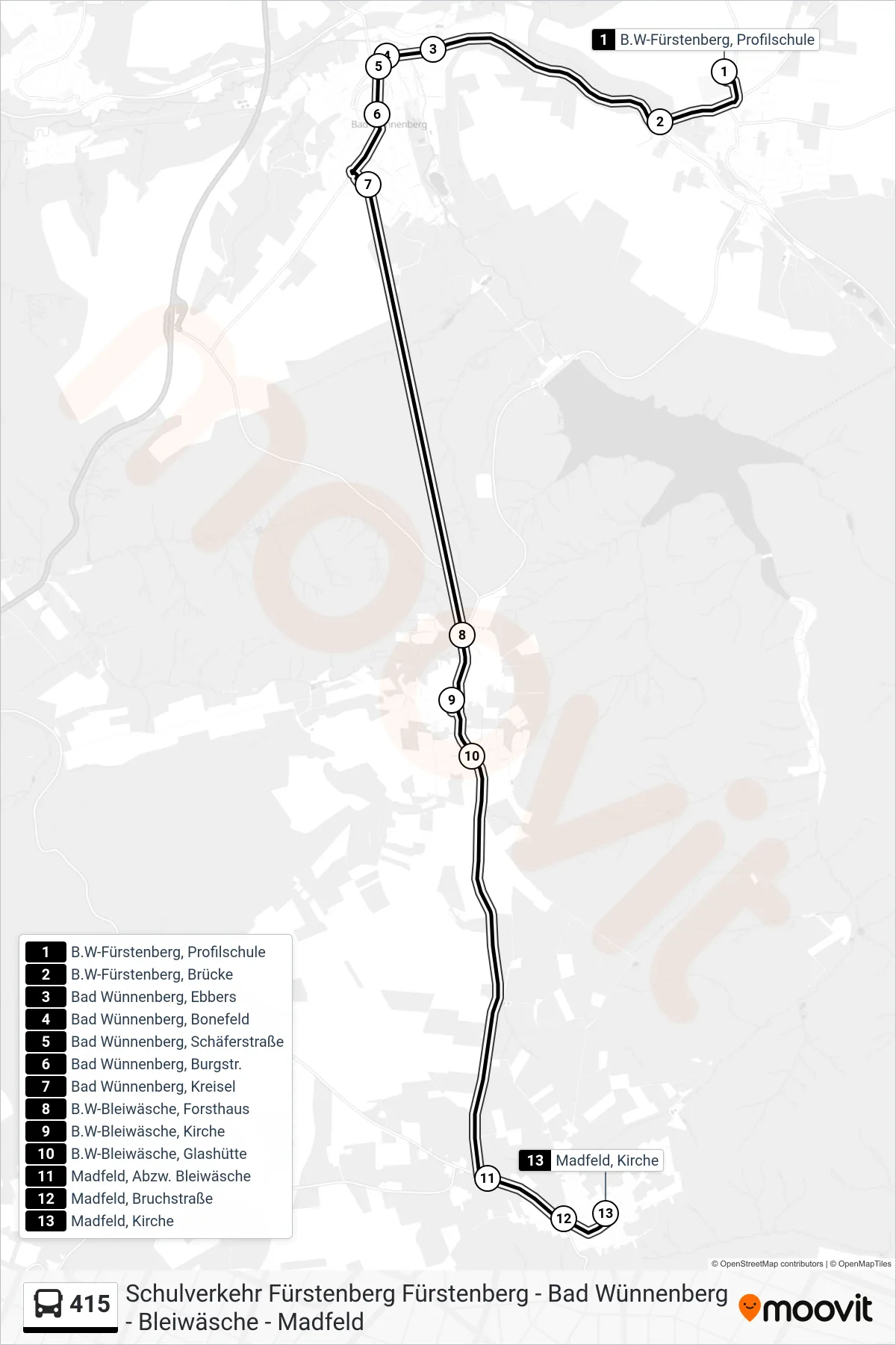 415 bus Line (Madfeld, Kirche) route and stops on a map