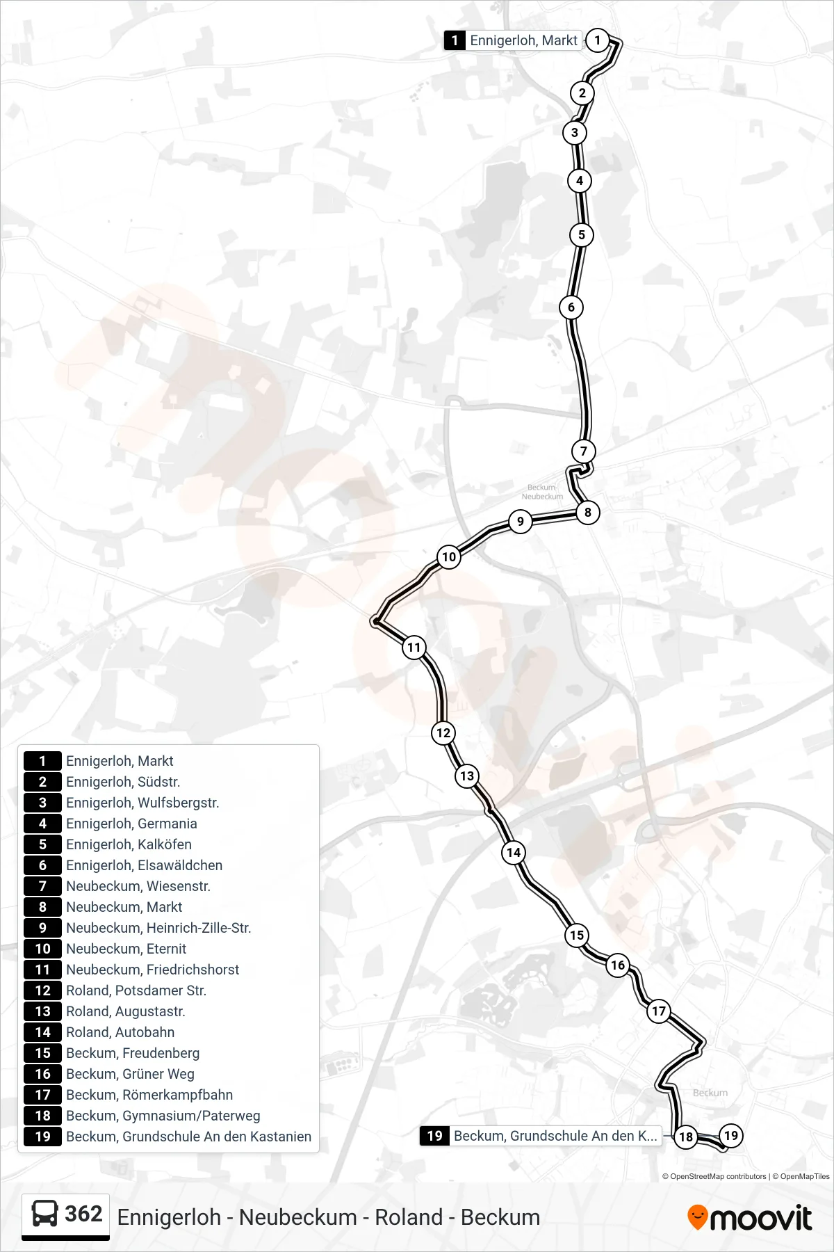 362 bus Line (Beckum, Grundschule An den Kastanien) route and stops on a map