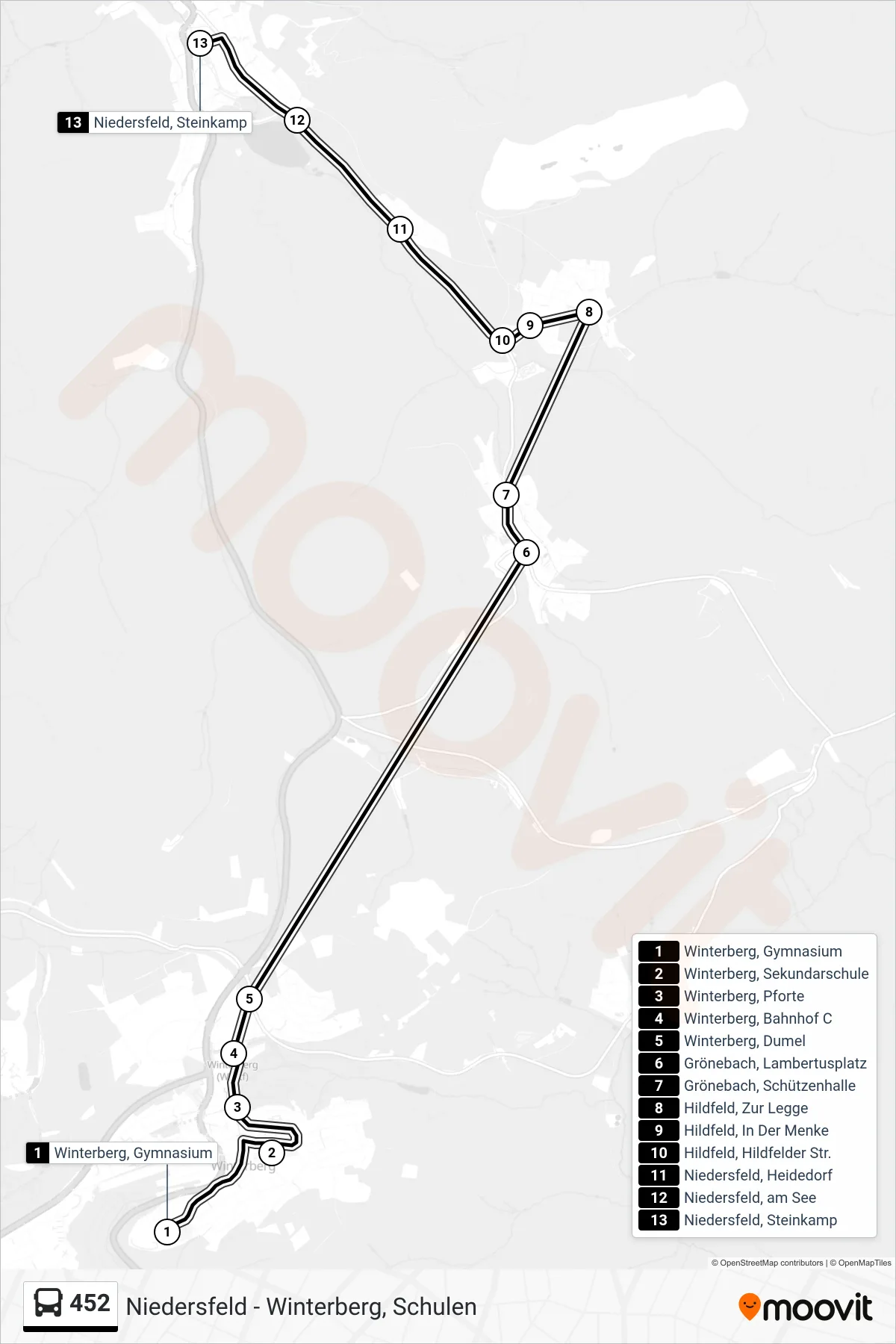 452 bus Line (Niedersfeld, Steinkamp) route and stops on a map
