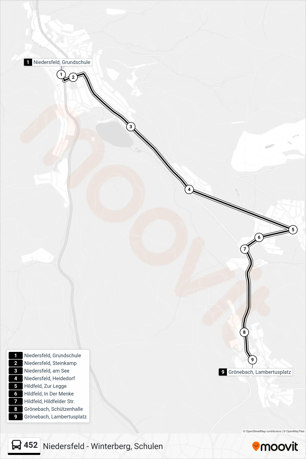 452 bus Line (Grönebach, Lambertusplatz) route and stops on a map
