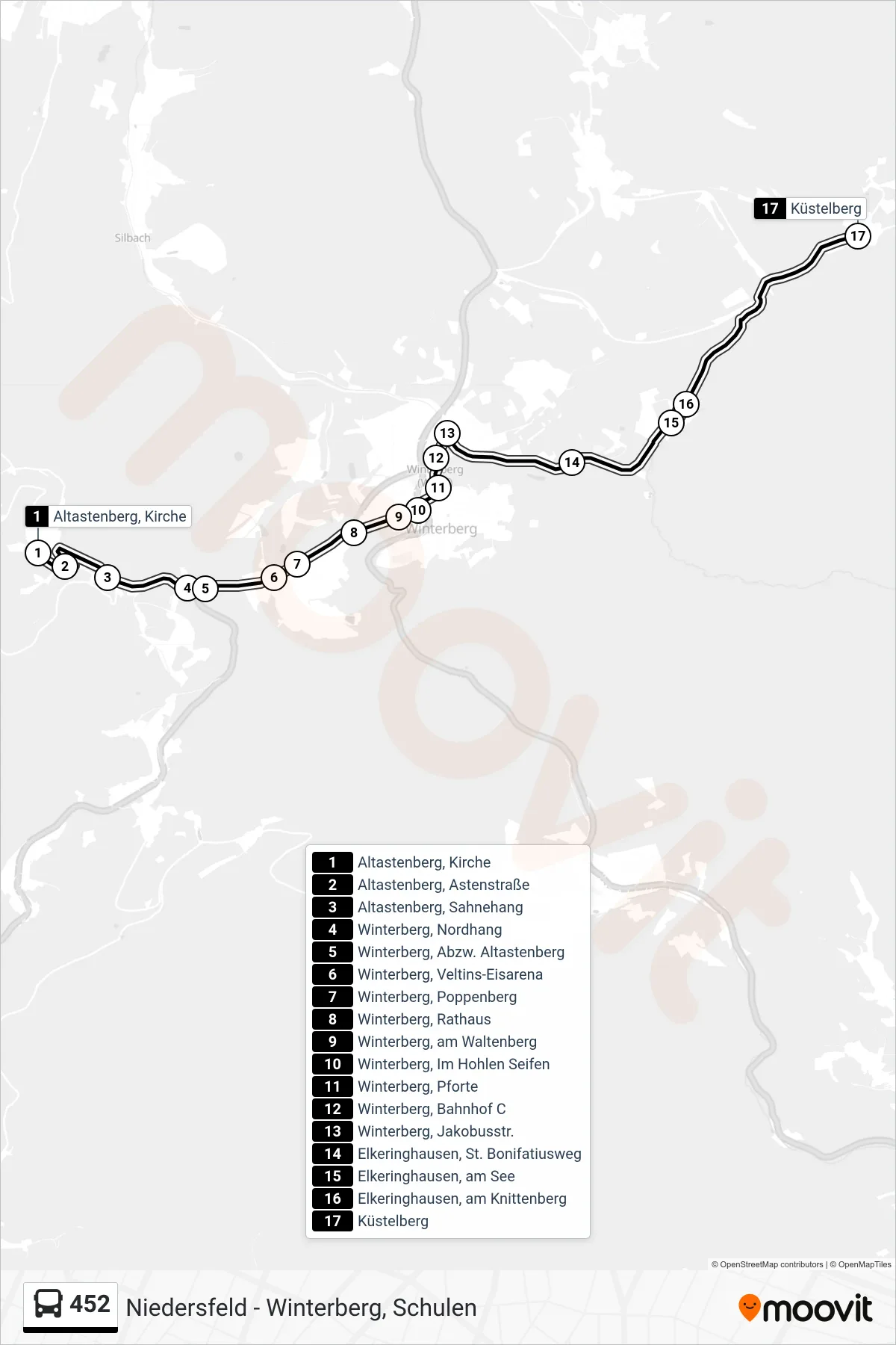 452 bus Line (Küstelberg) route and stops on a map