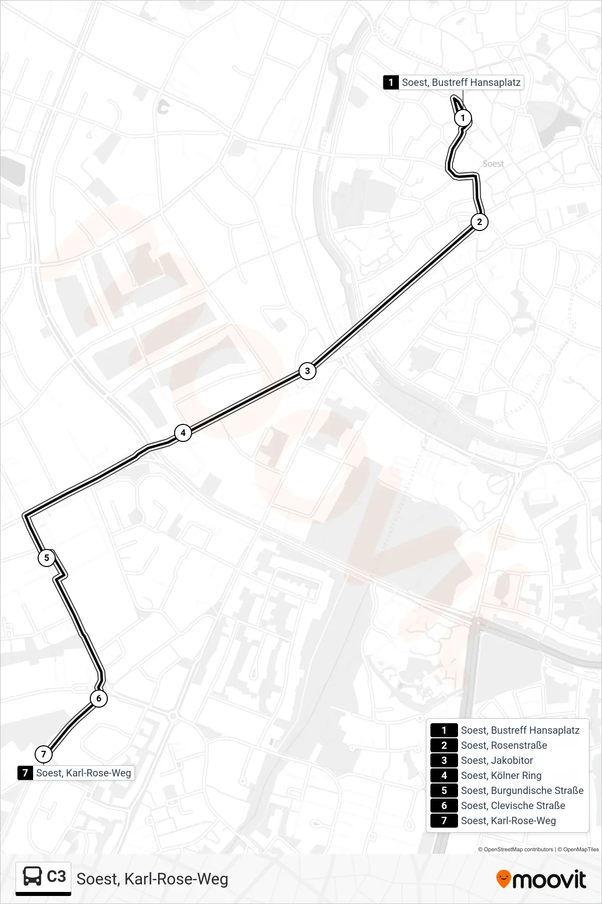 C3 bus Line (Soest, Karl-Rose-Weg) route and stops on a map