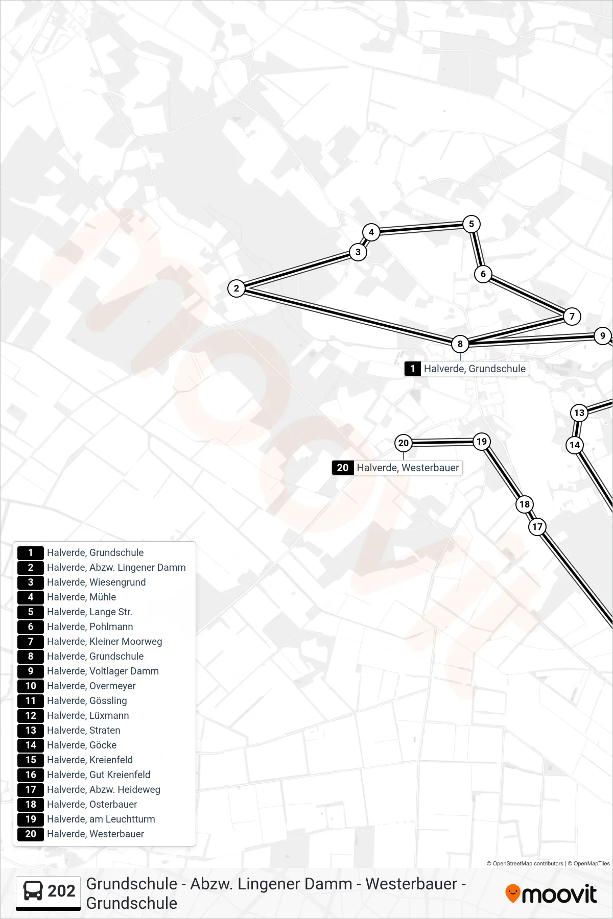 202 bus Line (Halverde, Westerbauer) route and stops on a map