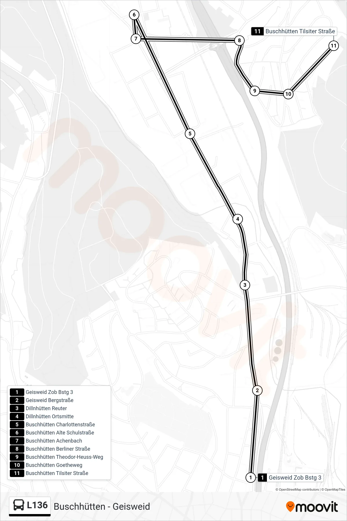 L136 bus Line (Buschhütten Tilsiter Straße) route and stops on a map