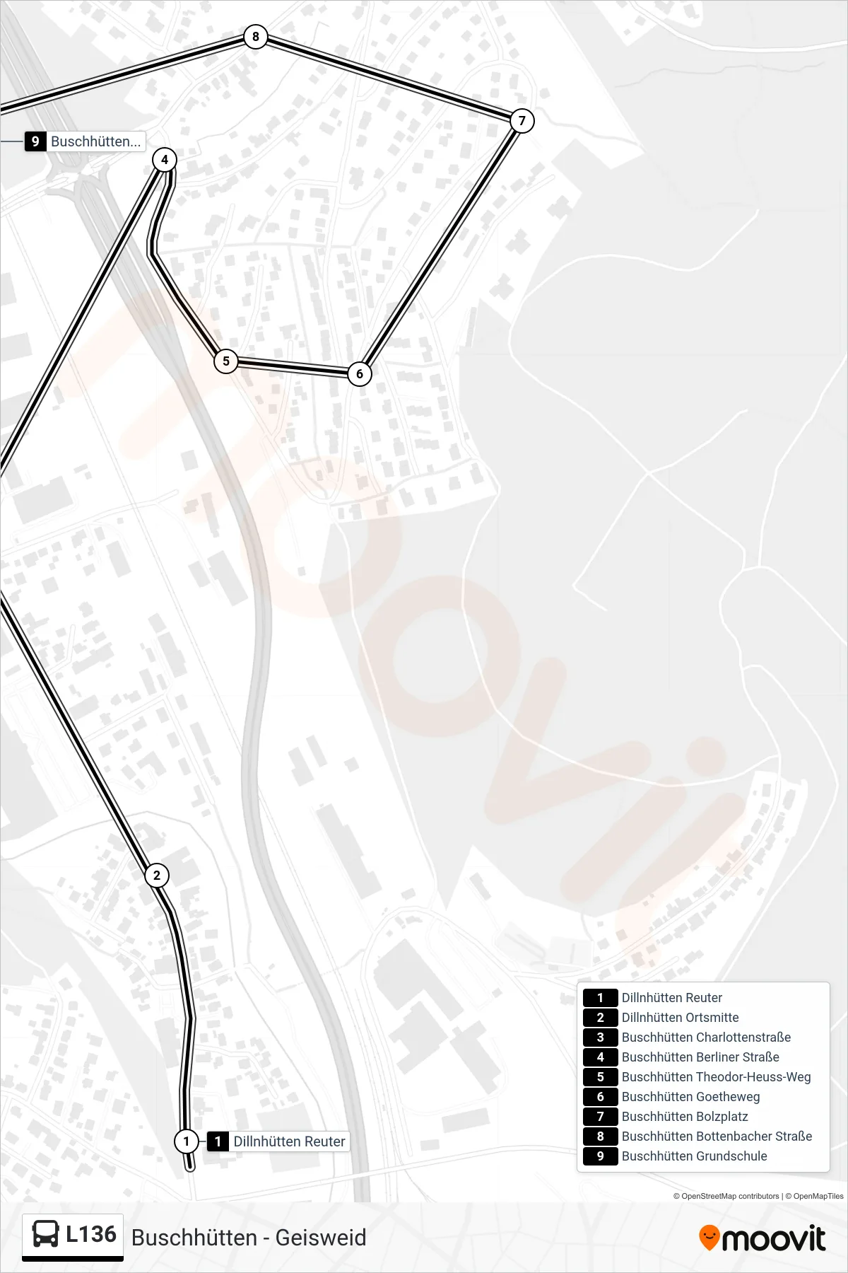 L136 bus Line (Buschhütten Grundschule) route and stops on a map