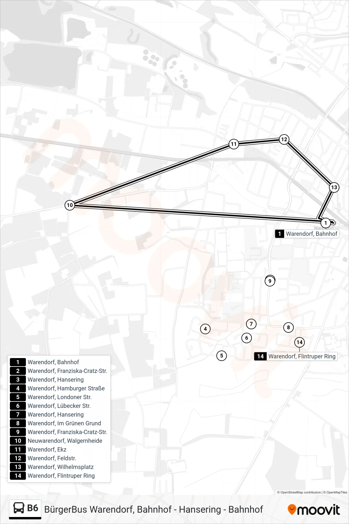 Linie B6 (Bus) Richtung Warendorf, Bahnhof Bstg 1a: Route und Haltestellen auf der Karte