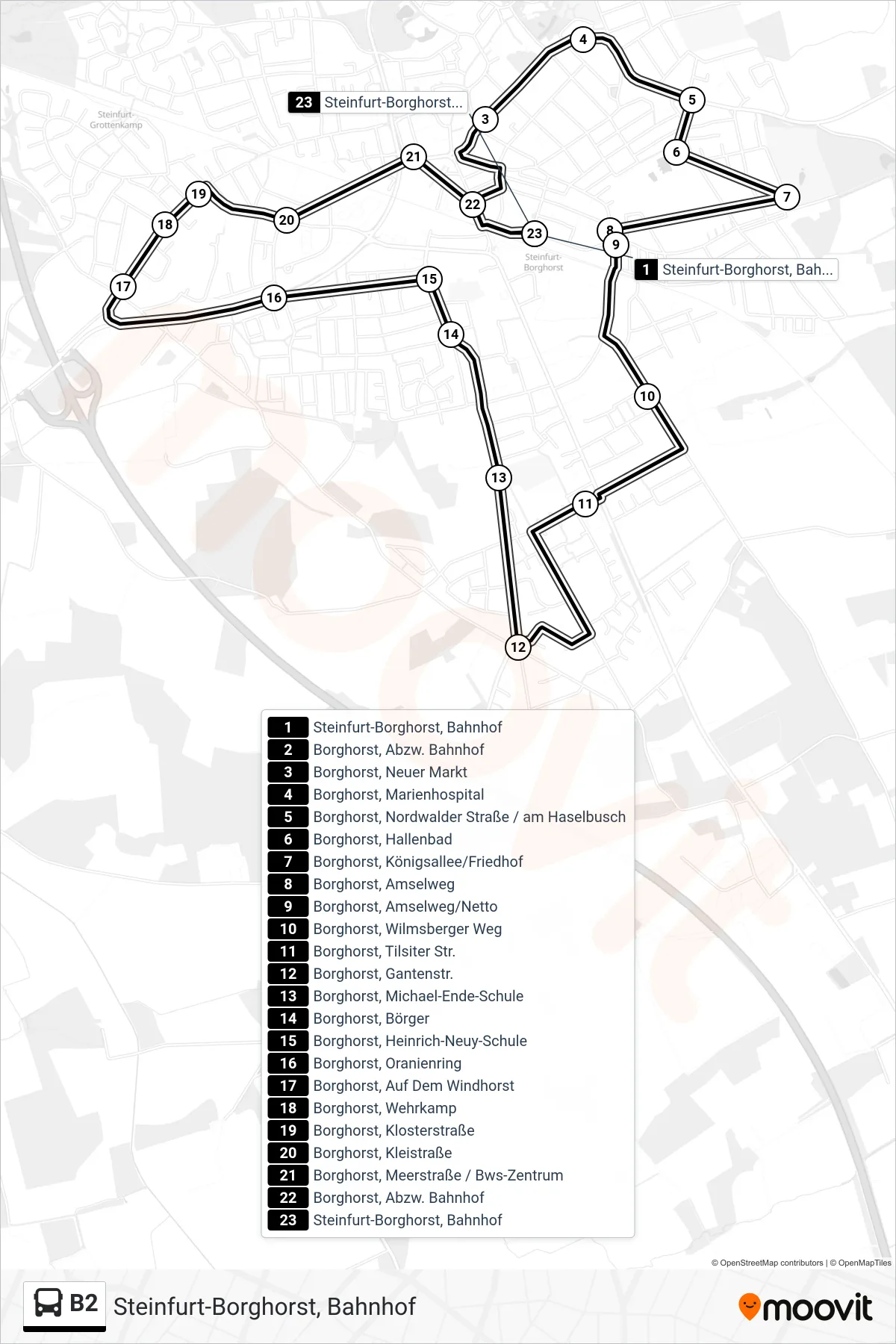 Linie B2 (Bus) Richtung Steinfurt-Borghorst, Bahnhof: Route und Haltestellen auf der Karte