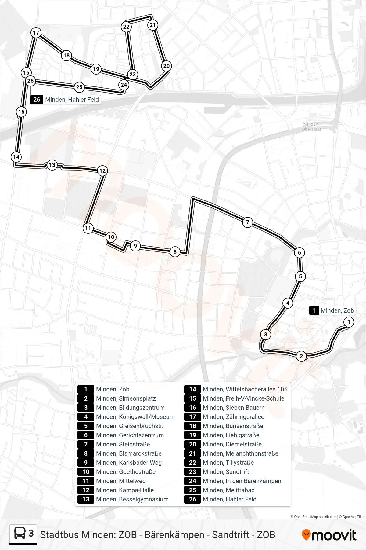 3 bus Line (Minden, Hahler Feld) route and stops on a map