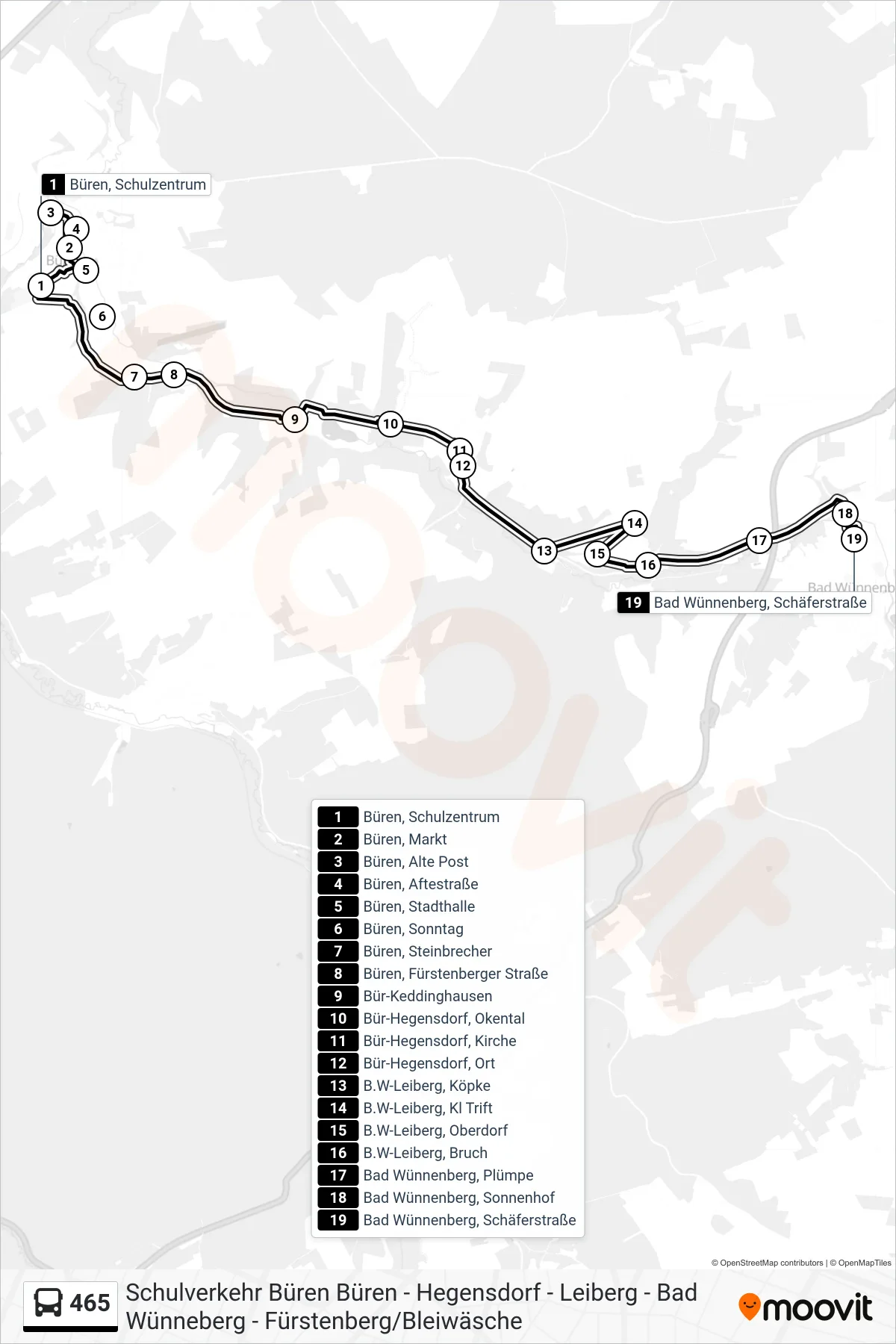 465 bus Line (Bad Wünnenberg, Schäferstraße) route and stops on a map