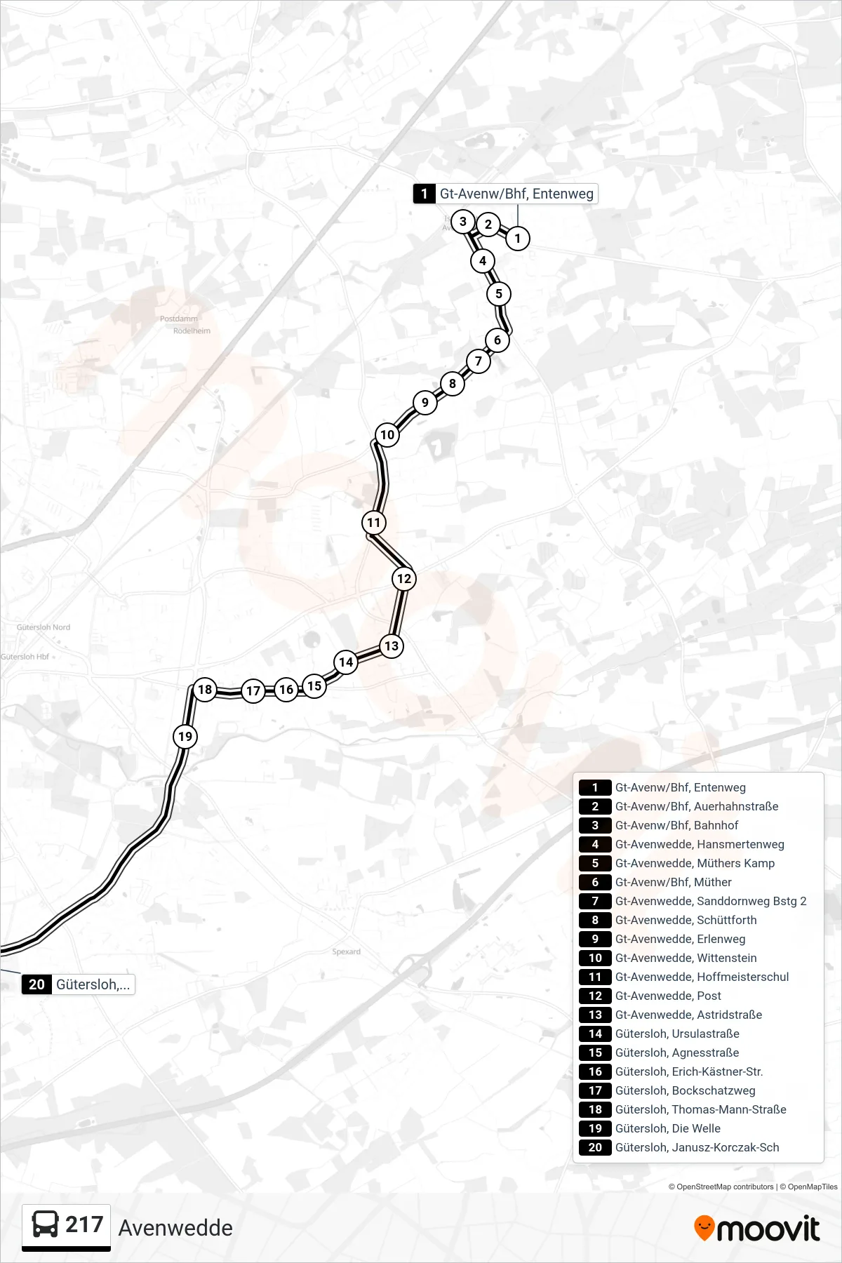 Linie 217 (Bus) Richtung Gütersloh, Janusz-Korczak-Sch: Route und Haltestellen auf der Karte