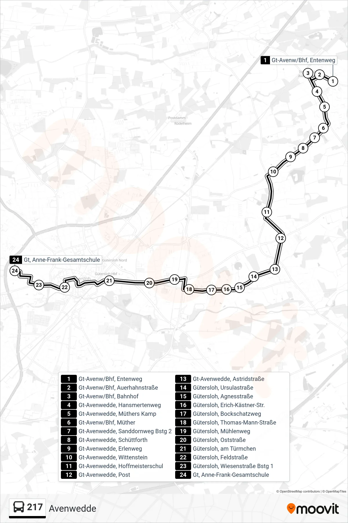 217 bus Line (Gt, Anne-Frank-Gesamtschule) route and stops on a map
