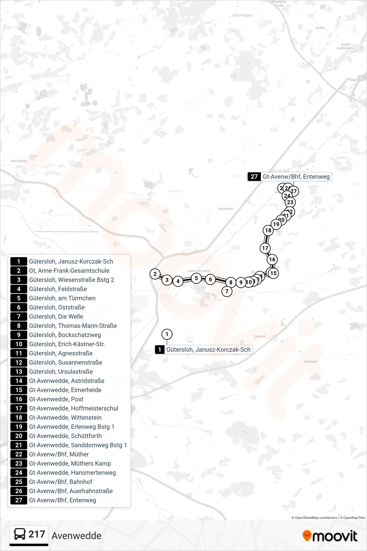217 bus Line (Gt-Avenw/Bhf, Entenweg) route and stops on a map