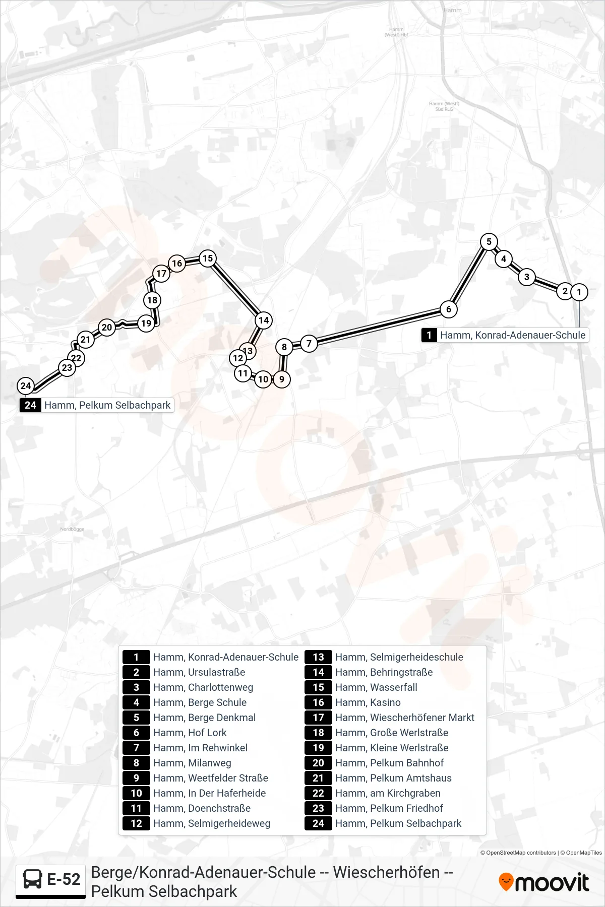 Linie E-52 (Bus) Richtung Hamm, Pelkum Selbachpark: Route und Haltestellen auf der Karte