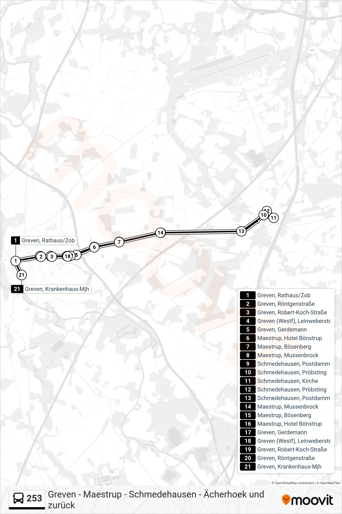 253 bus Line (Greven, Krankenhaus-Mjh) route and stops on a map