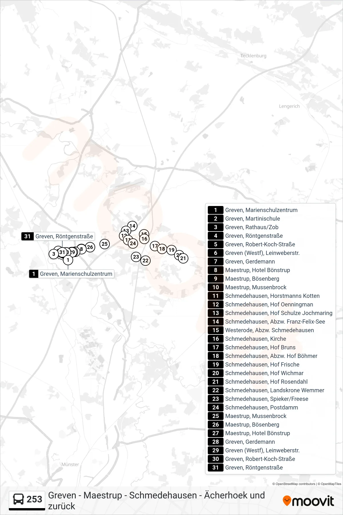 Linie 253 (Bus) Richtung Greven, Rathaus/Zob Bstg C: Route und Haltestellen auf der Karte