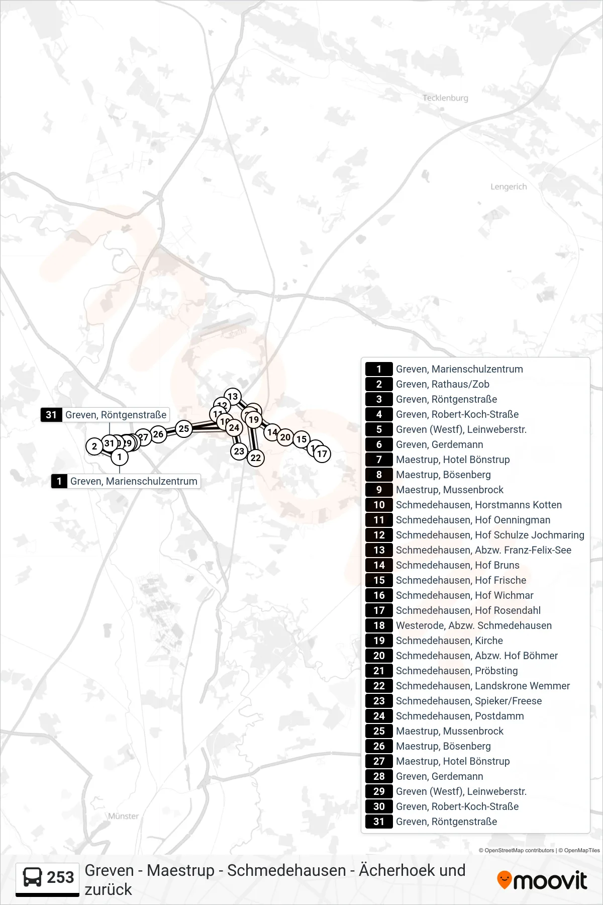 253 bus Line (Greven, Marienschulzentrum) route and stops on a map