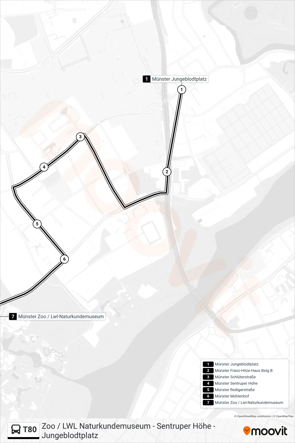 T80 bus Line (Zoo/Naturkundemuseum) route and stops on a map