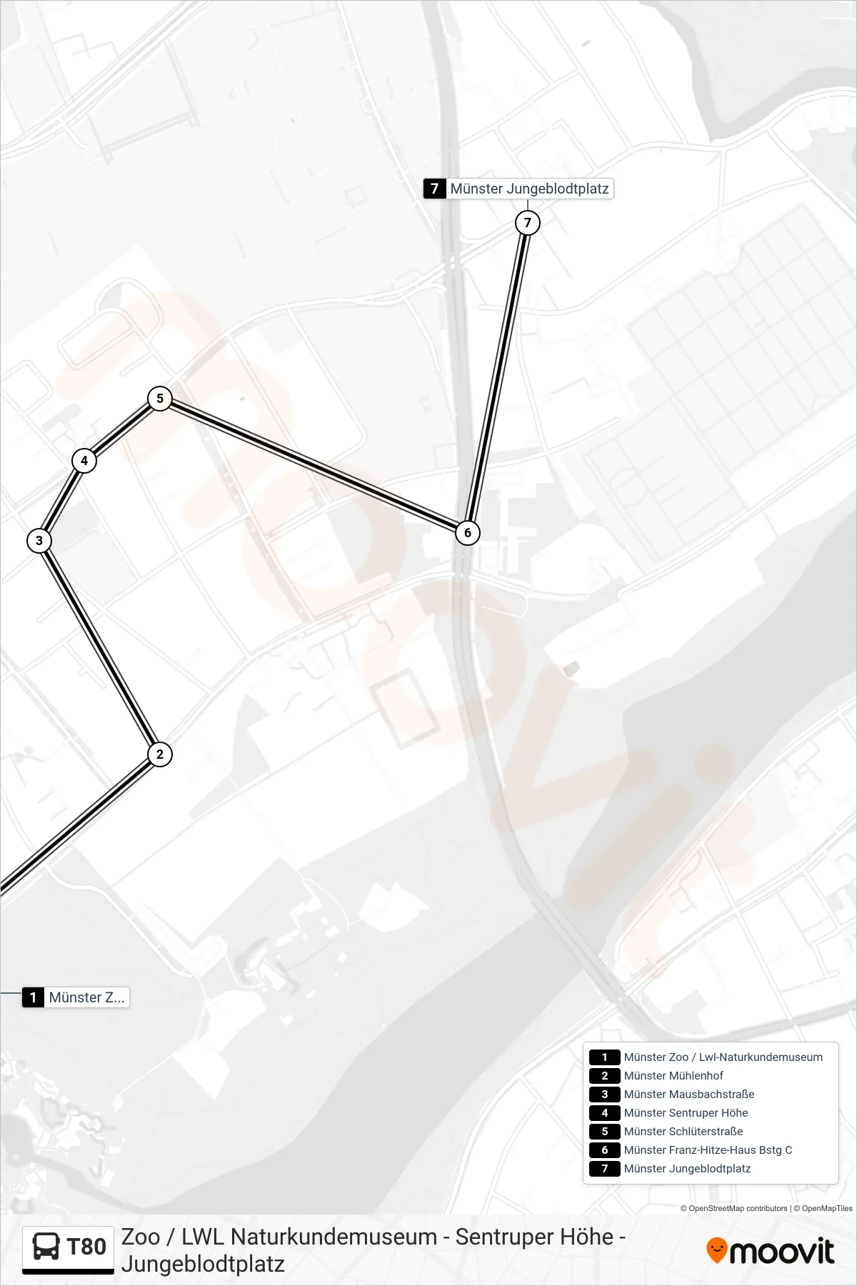 Linie T80 (Bus) Richtung Jungeblodtplatz: Route und Haltestellen auf der Karte