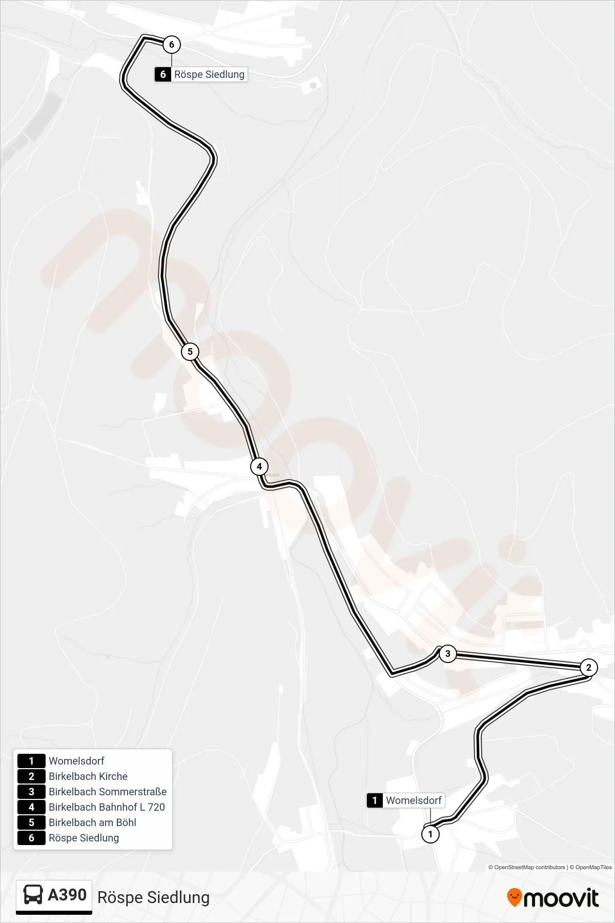 A390 bus Line (Röspe Siedlung) route and stops on a map