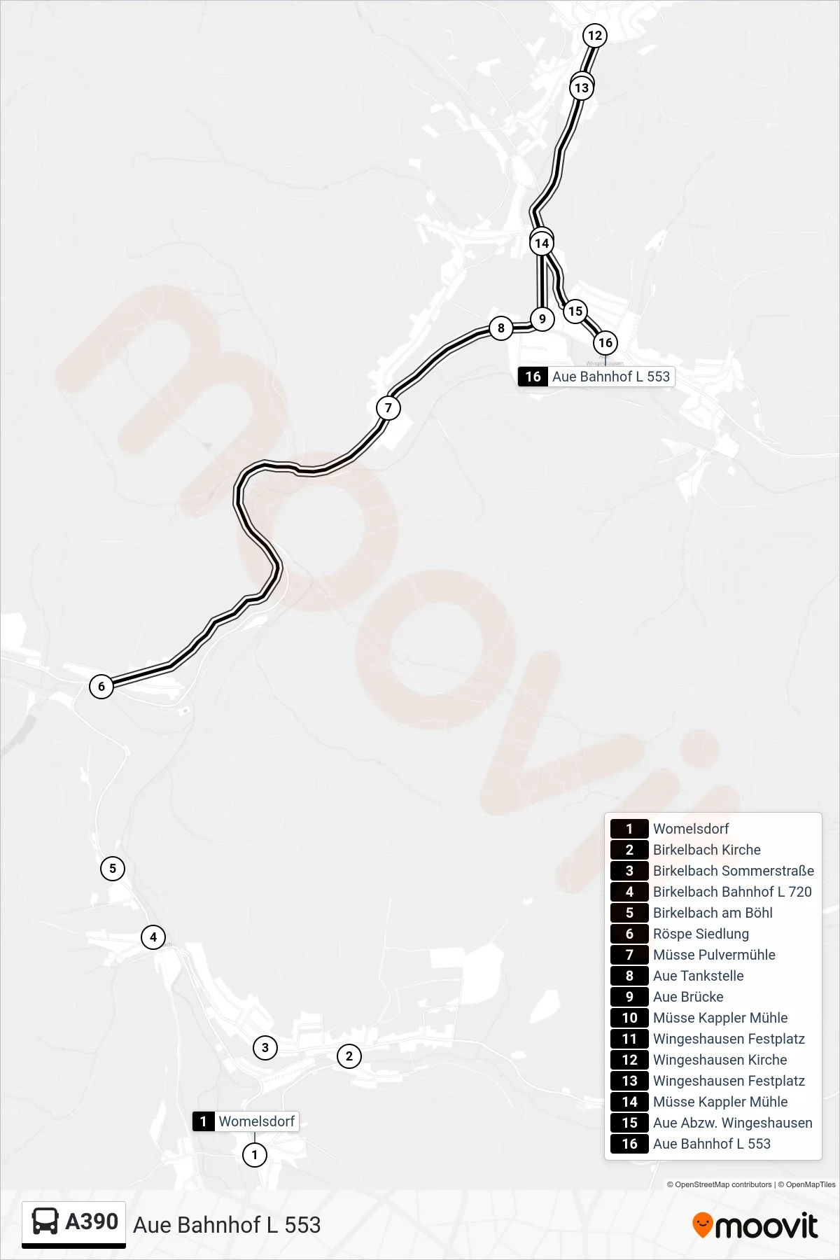 A390 bus Line (Aue Bahnhof L 553) route and stops on a map
