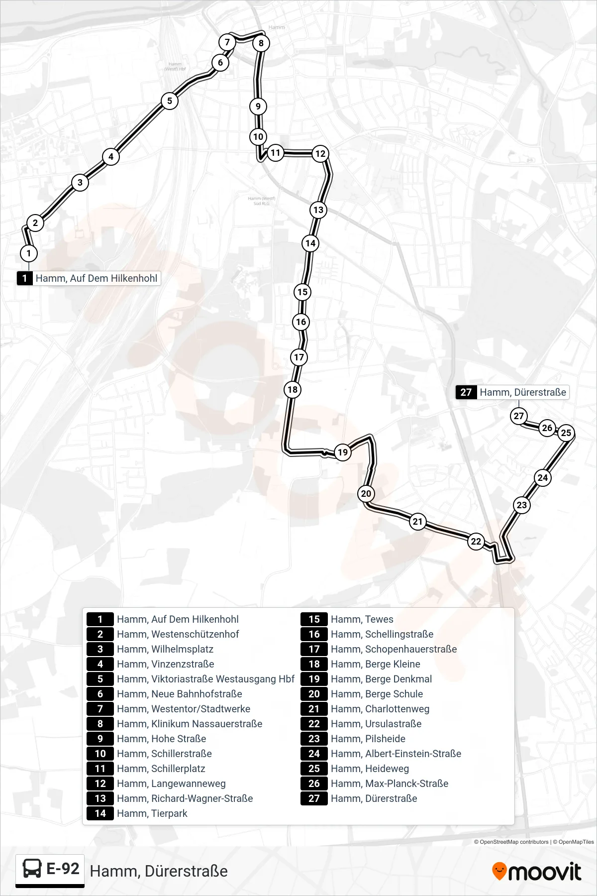 Linie E-92 (Bus) Richtung Hamm, Dürerstraße: Route und Haltestellen auf der Karte
