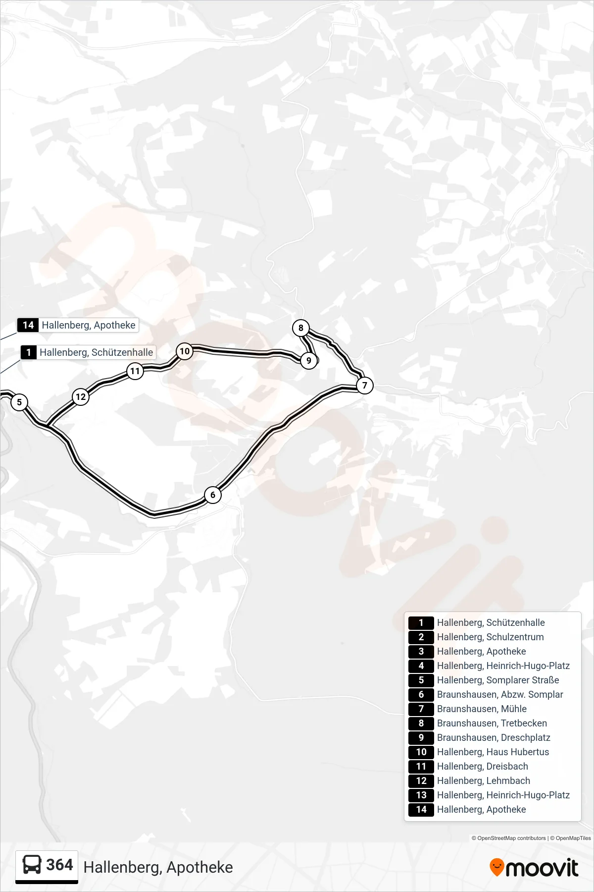 364 bus Line (Hallenberg, Apotheke) route and stops on a map