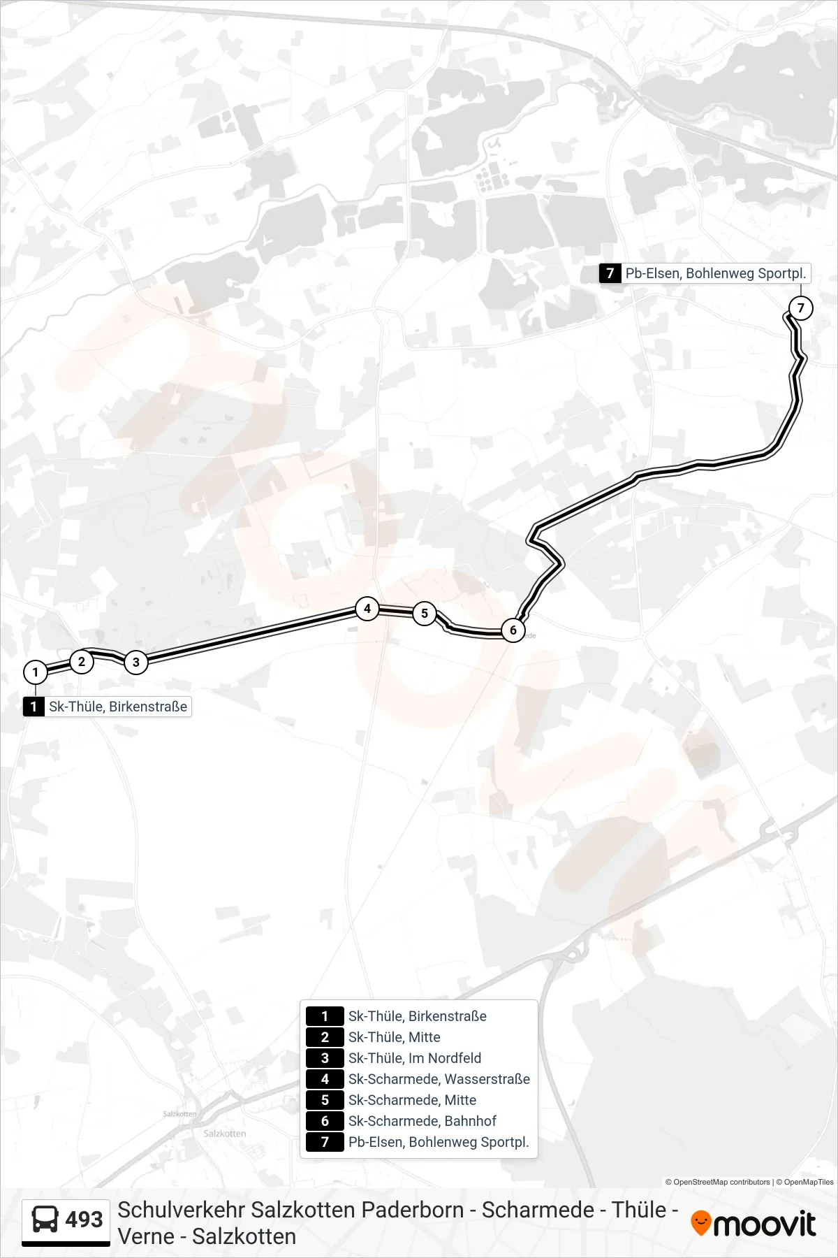 493 bus Line (Pb-Elsen, Bohlenweg Sportpl.) route and stops on a map