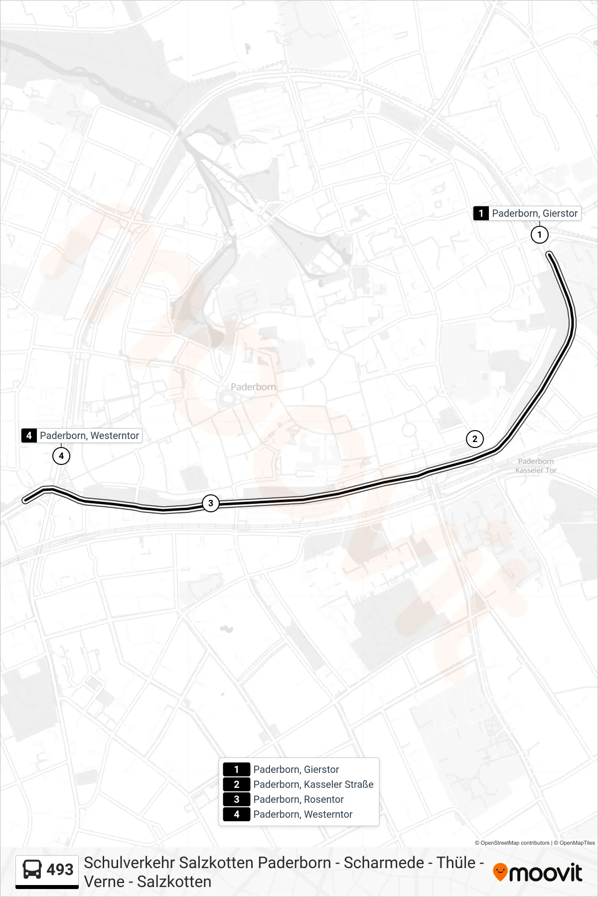 493 bus Line (Paderborn, Westerntor Steig D (Kirche)) route and stops on a map