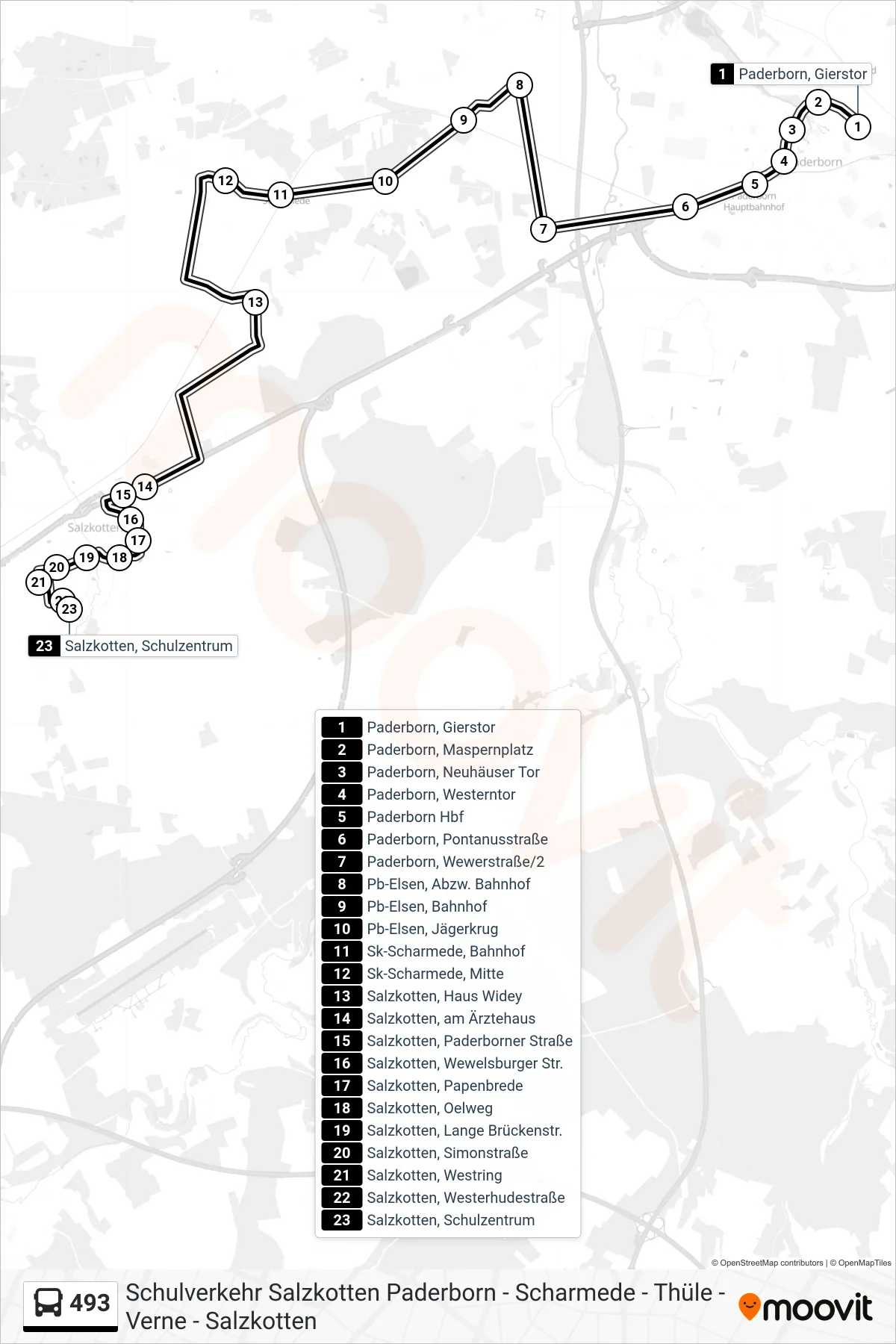 493 bus Line (Salzkotten, Schulzentrum) route and stops on a map