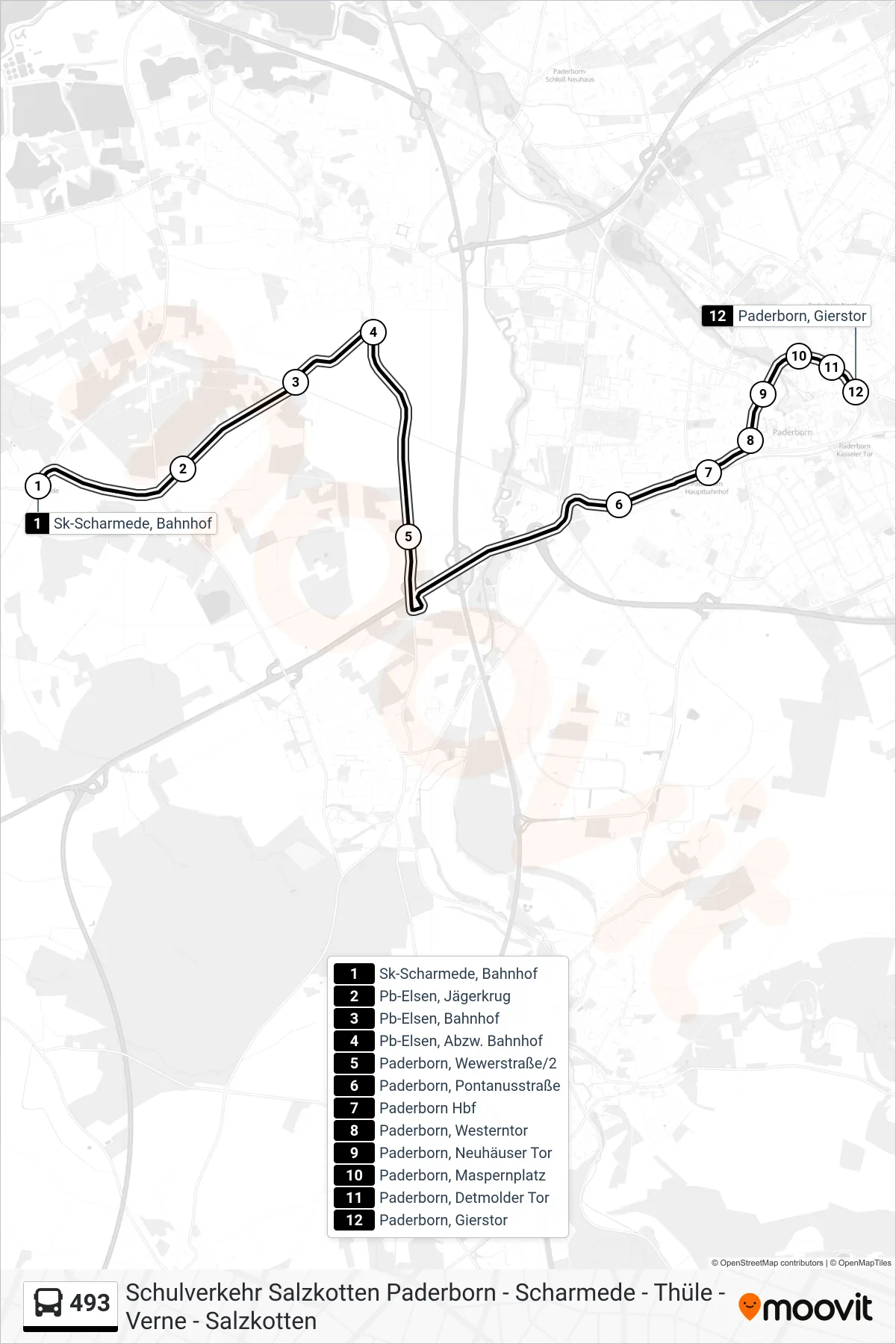 493 bus Line (Paderborn, Gierstor Bstg 3) route and stops on a map