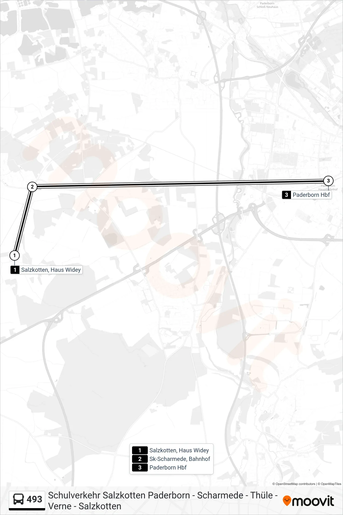 493 bus Line (Paderborn Hbf Bstg A4) route and stops on a map