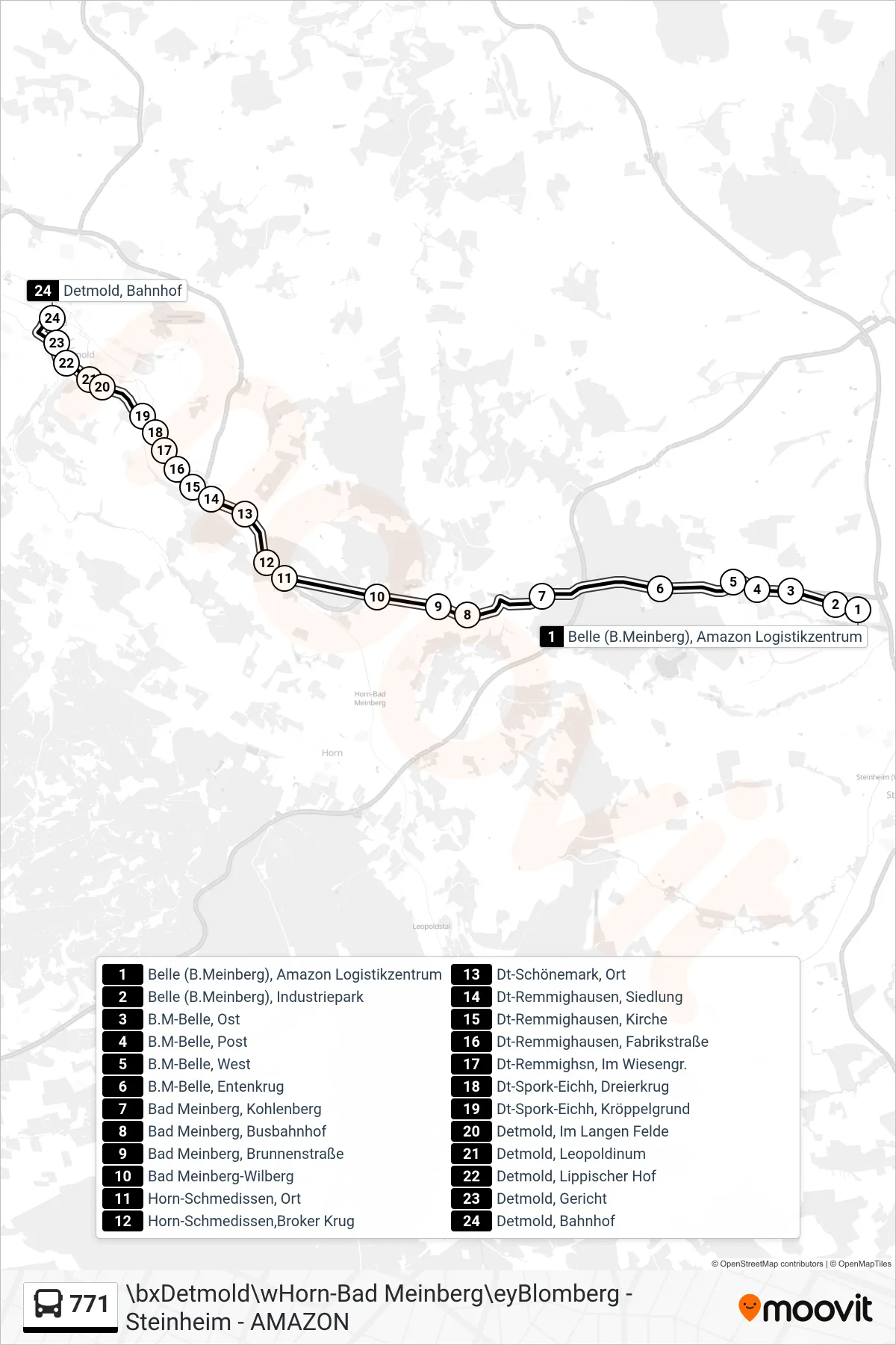Linie 771 (Bus) Richtung Detmold: Route und Haltestellen auf der Karte