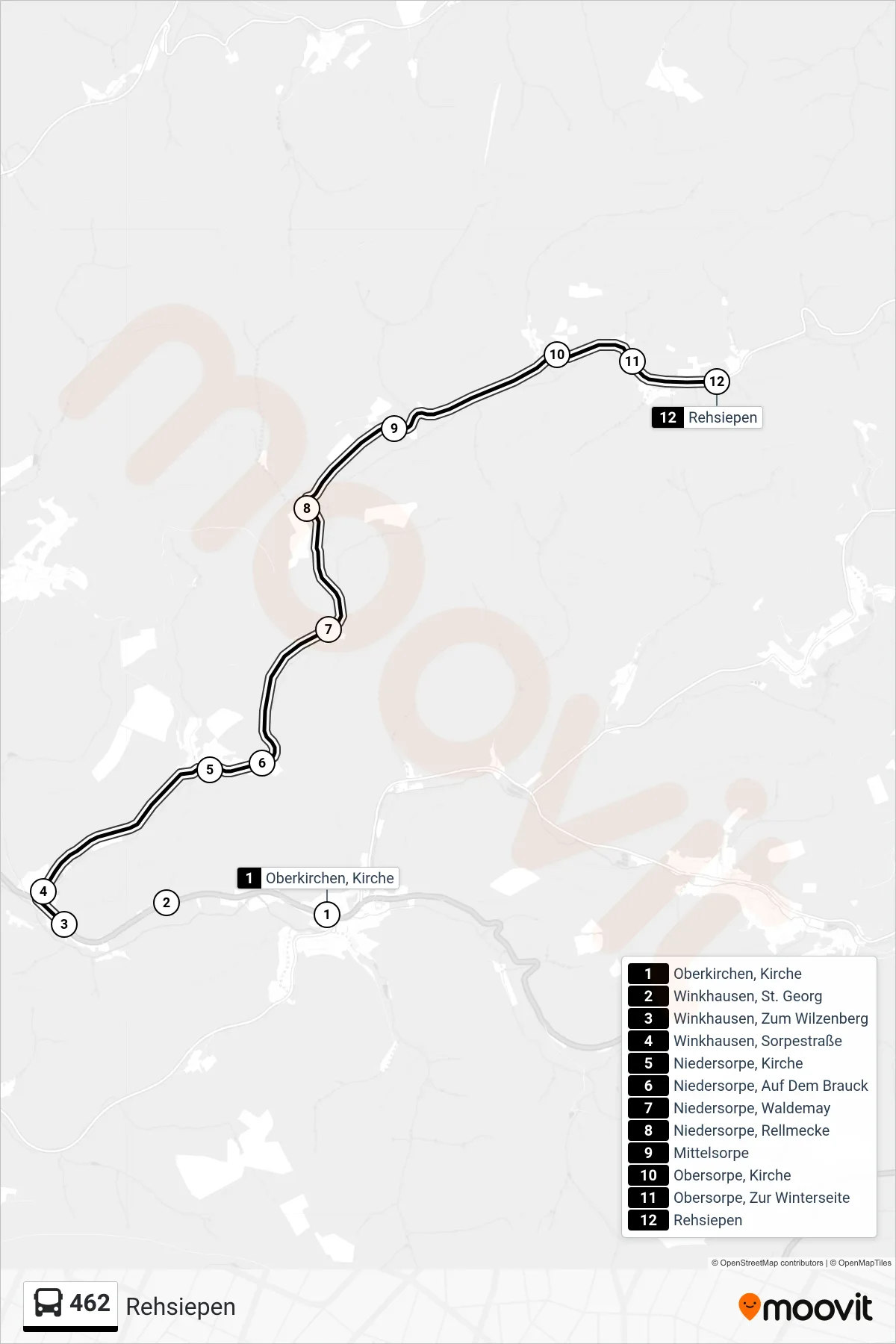 462 bus Line (Rehsiepen) route and stops on a map